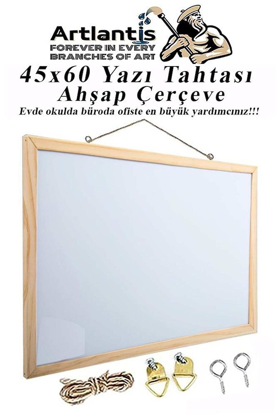 Duvara Monte Beyaz Yazı Tahtası 45x60 cm 1 Adet Laminant Yazı Tahtası Ahşap Çerçeveli Askılı Okul Ofis Büro