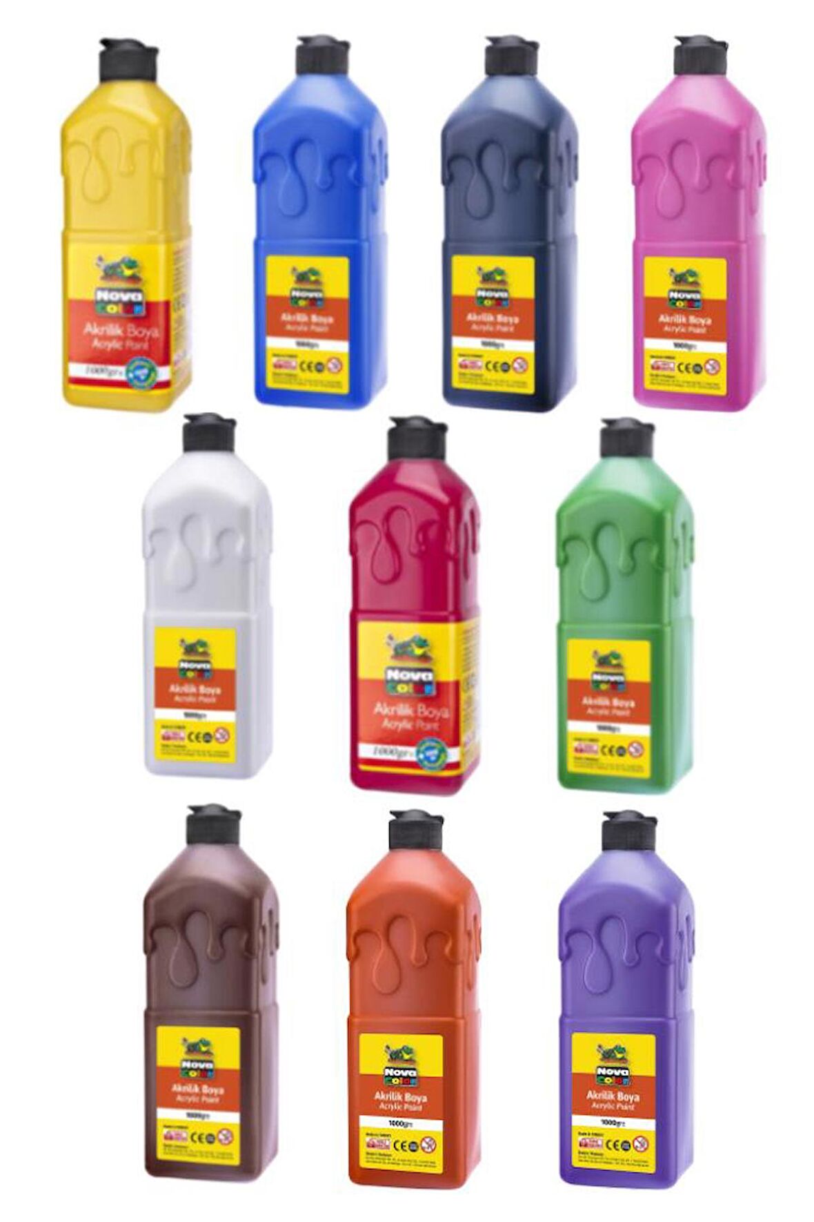 Akrilik Boya 1000 gr 10 Renk 1 Paket Su Bazlı Akrilik Boyası Hobi Sanatsal Boya Tuval Ahşap Metal Ağaç Taş Beton