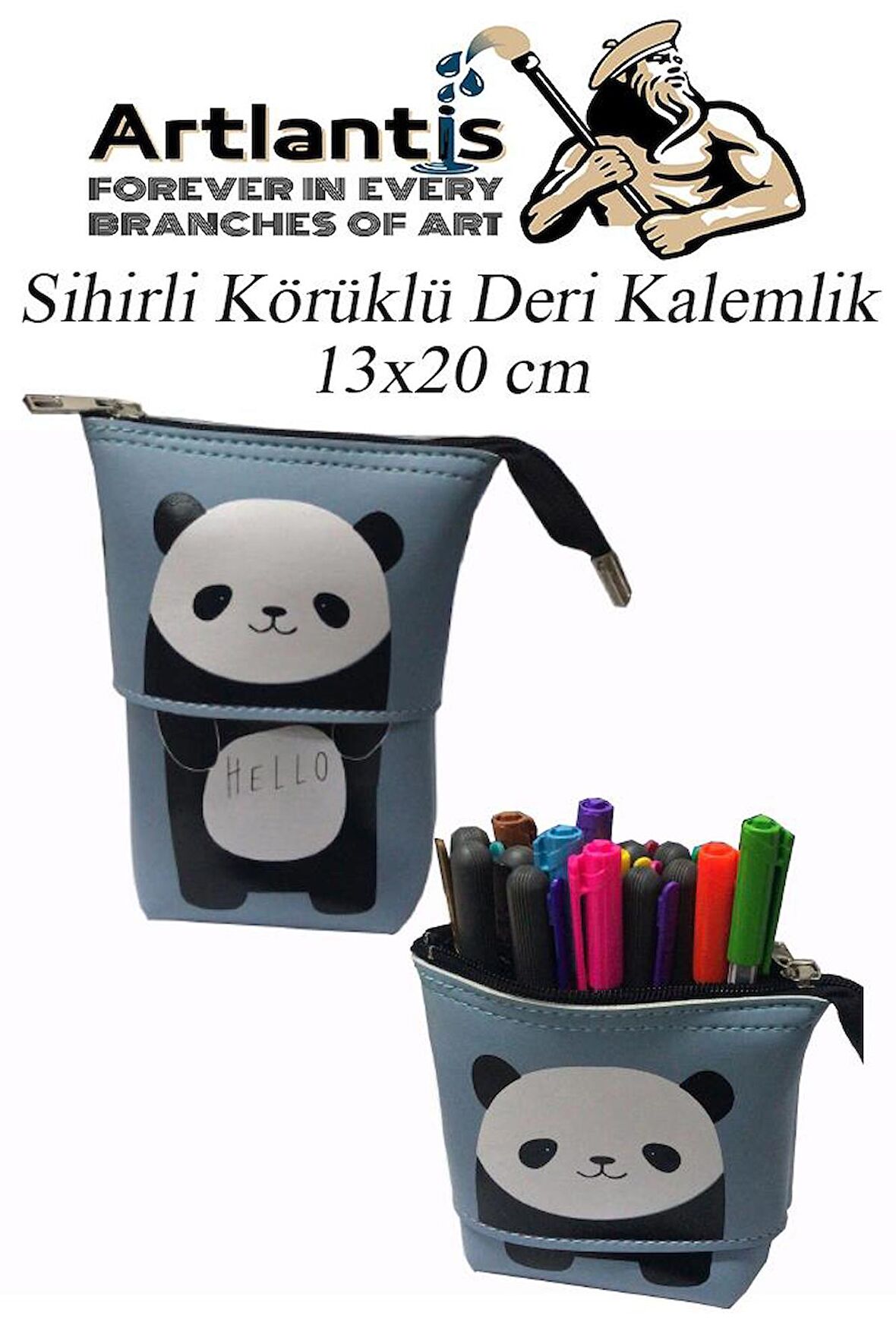 Körüklü Kalemlik Panda 1 Adet Mavi Renk Sihirli Körüklü Deri Kalemlik Kalem Çantası Sevimli Panda Kalem Kutusu
