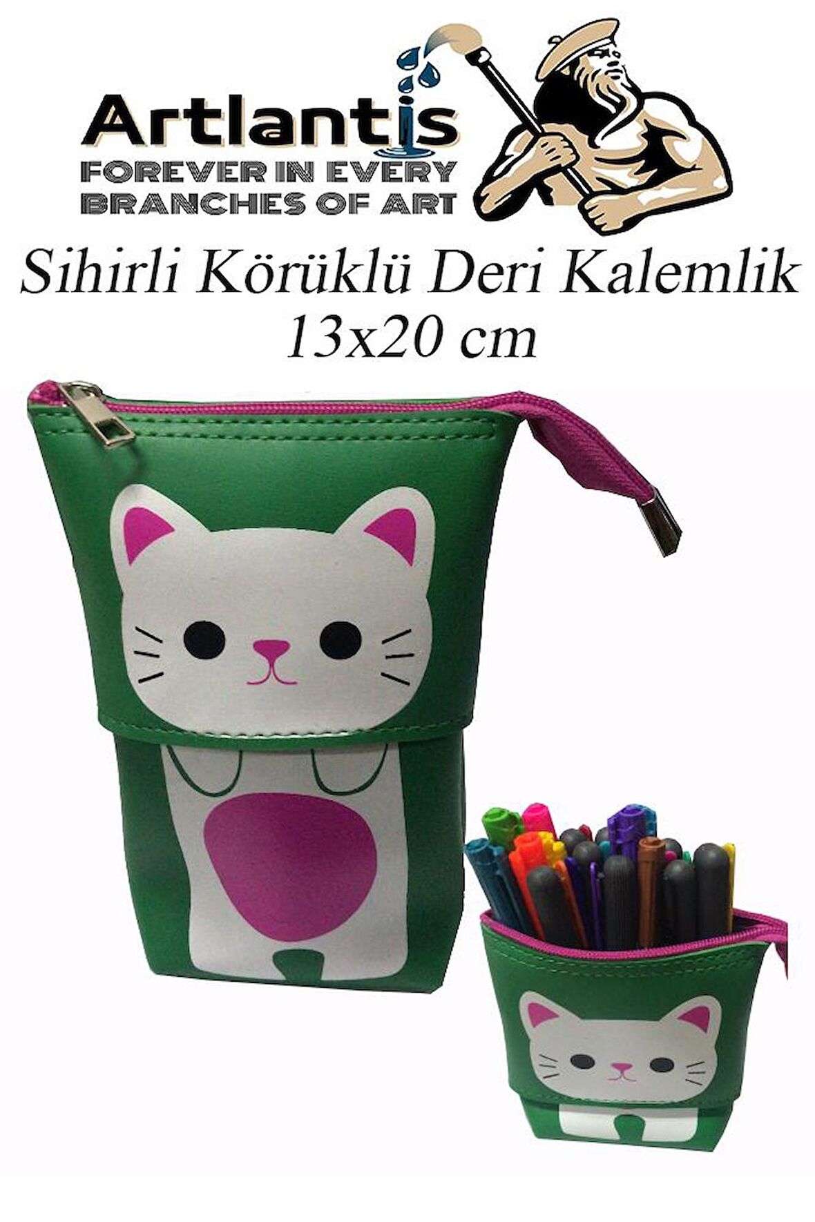 Körüklü Kalemlik Kedi 1 Adet Yeşil Renk Sihirli Körüklü Deri Kalemlik Kalem Çantası Sevimli Kedi Kalem Kutusu