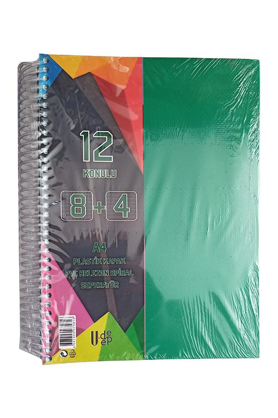 8+4 Ayraçlı Defter 12 Konulu 300 Yaprak 1 Adet 8 Kareli 4 Çizgili Spralli Plastik Kapak Seperatörlü