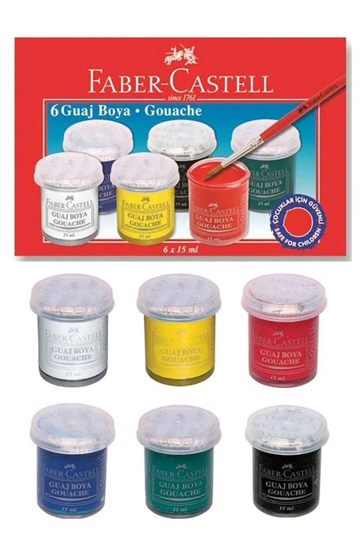 Guaj Boya 6 Renk x 15 Ml Su Bazlı Şişe 1 Paket Faber Guaj Boya Seti Şişe İçerisinde 6 lı Okul Hobi