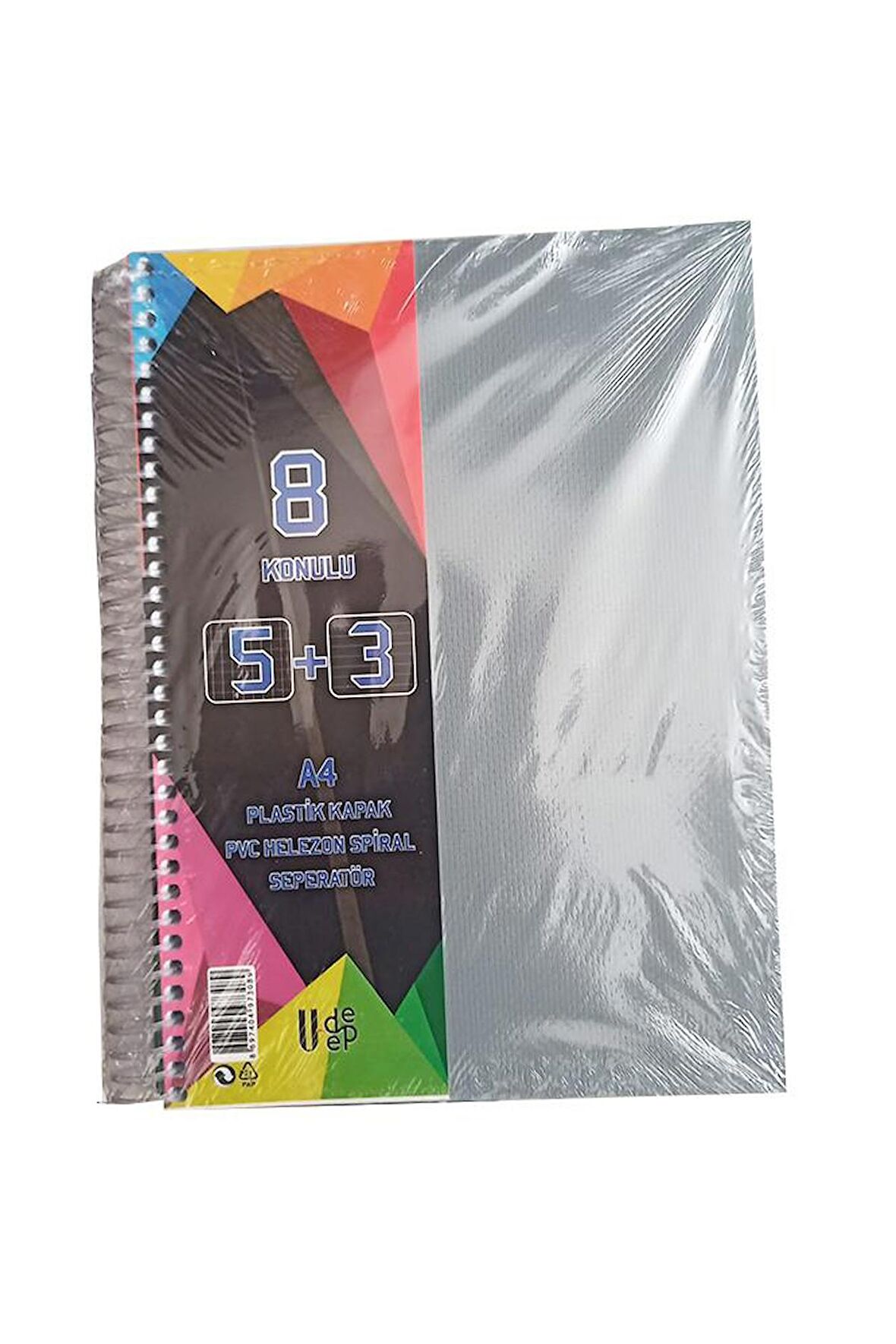 5+3 Ayraçlı Defter 8 Konulu 200 Yaprak 1 Adet 5 Kareli 3 Çizgili Spralli Plastik Kapak Seperatörlü