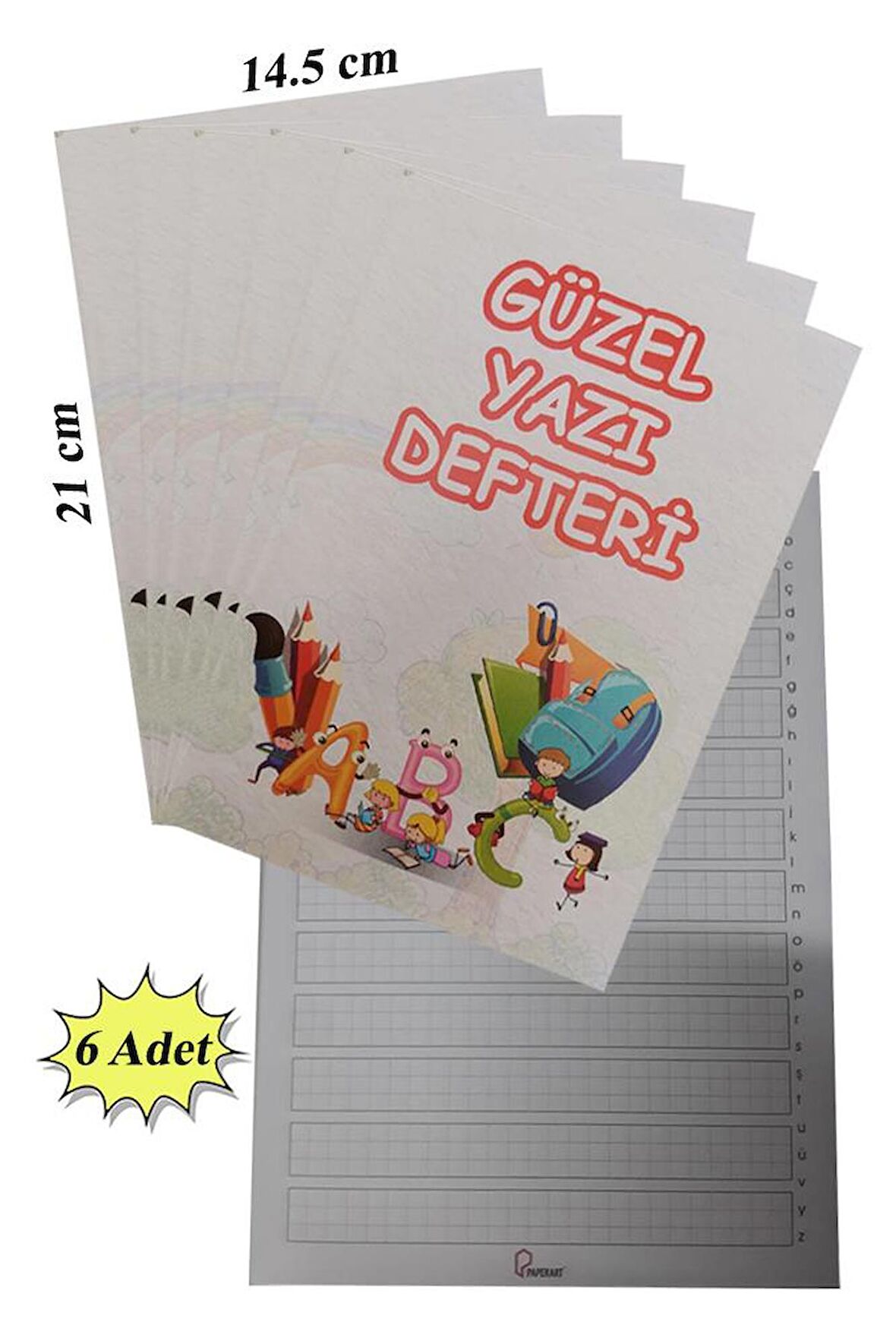 Güzel Yazı Defteri Küçük Boy 14,5x21 cm 24 Yaprak 6 Adet Klavuzlu Standart Çizgili Yazı Defteri Dik Temel Harflerle 1. Sınıf