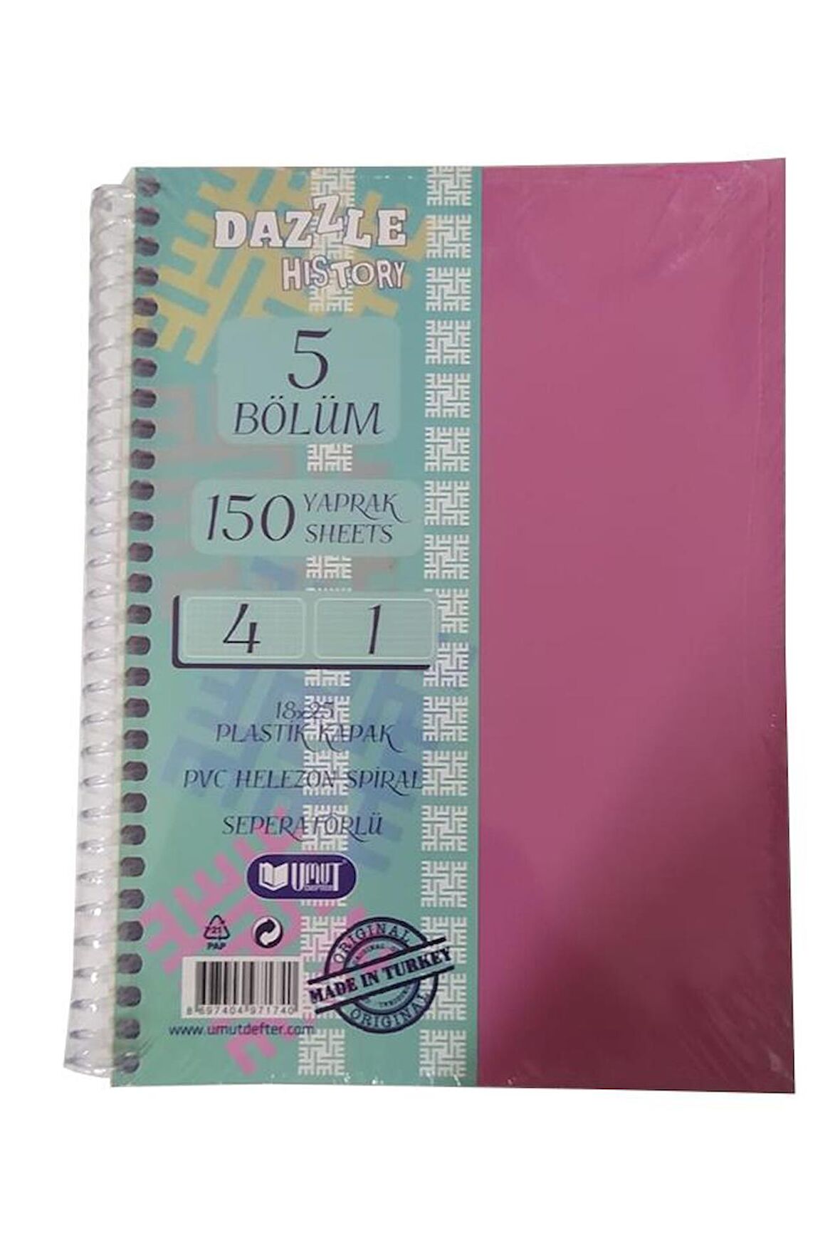 Orta Boy 4+1 Ayraçlı Defter 5 Konulu 150 Yaprak 1 Adet 4 Kareli 1 Çizgili Spralli Plastik Kapak Seperatörlü 18x25 cm