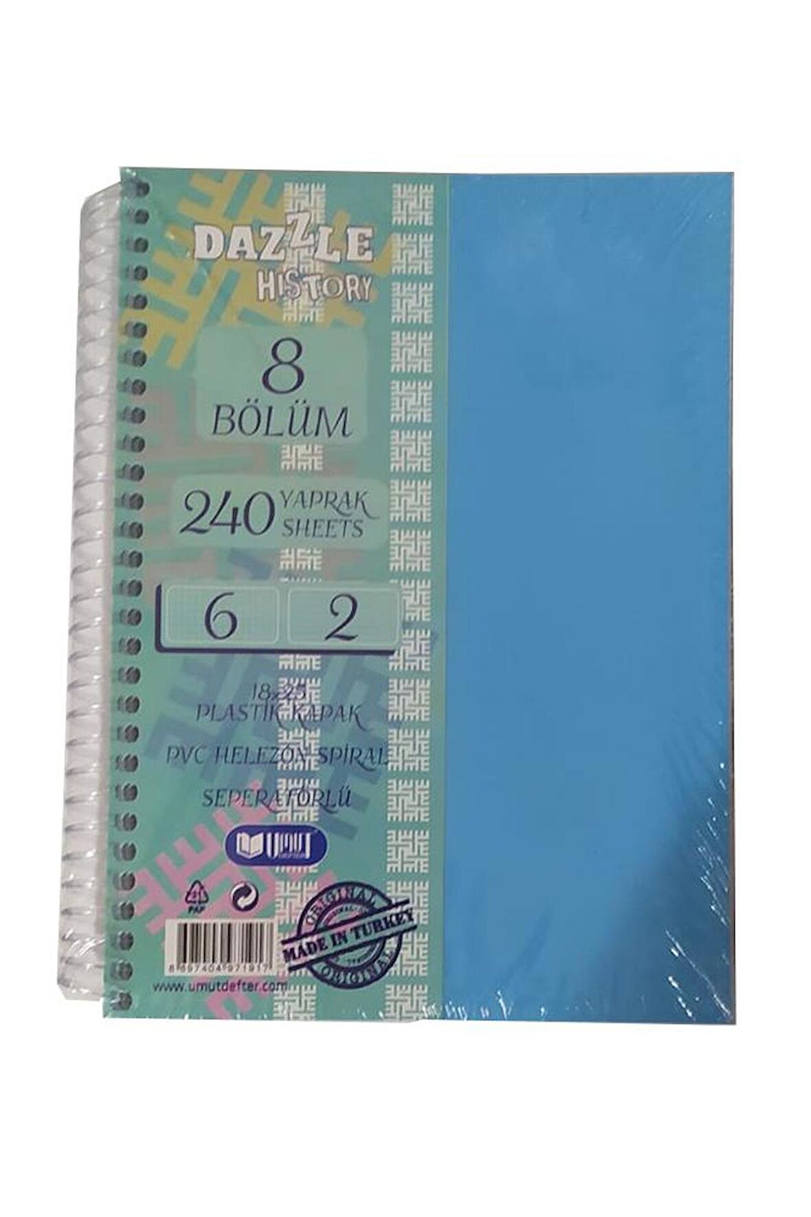 Orta Boy 6+2 Ayraçlı Defter 8 Konulu 240 Yaprak 1 Adet 6 Kareli 2 Çizgili Spralli Plastik Kapak Seperatörlü 18x25 cm