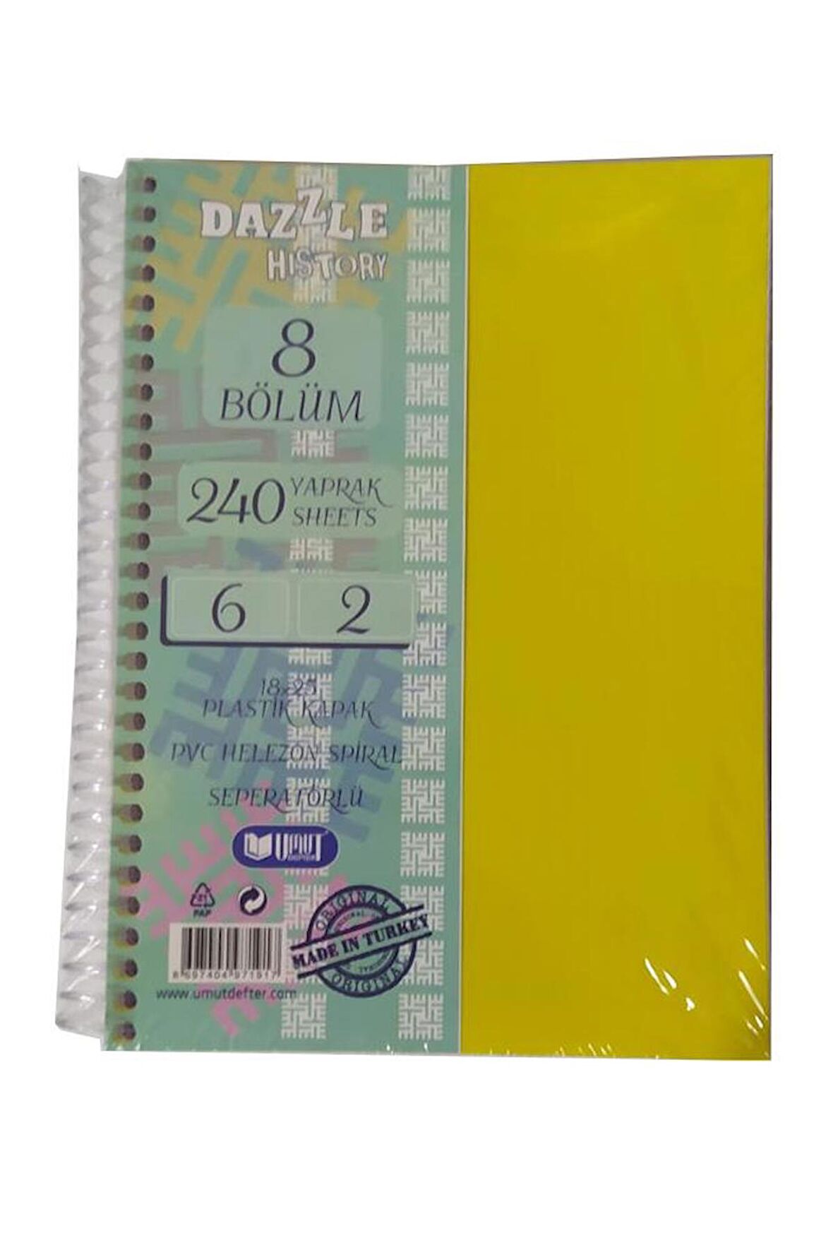 Orta Boy 6+2 Ayraçlı Defter 8 Konulu 240 Yaprak 1 Adet 6 Kareli 2 Çizgili Spralli Plastik Kapak Seperatörlü 18x25 cm
