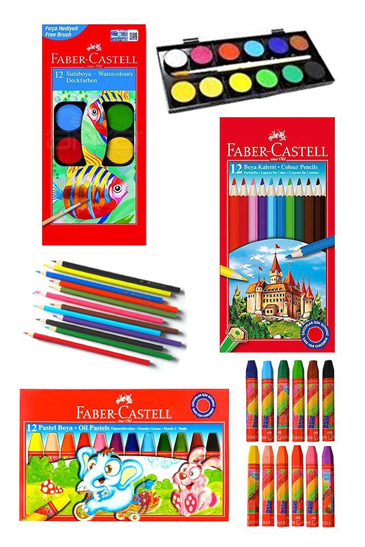 Öğrenci Boyama Seti 3 lü Faber 12 Renk Sulu Boya Kuru Boya Pastel Boya 12 li Boya Set Faber Castell Okul Sınıf