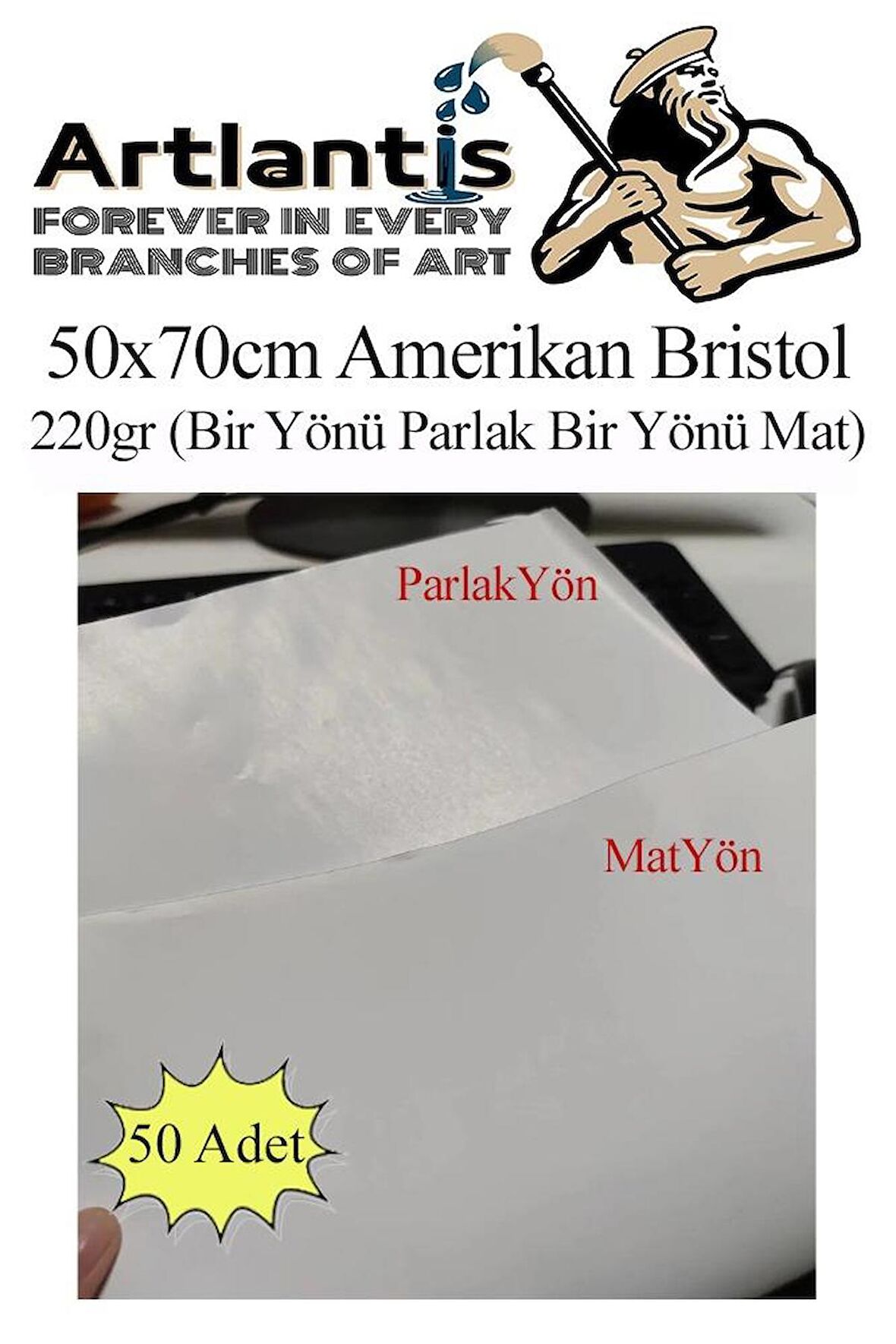 Amerikan Bristol Karton 50x70 cm 50 Adet 220 gr Bir Tarafı Parlak Bir Tarafı Mat Kağıt Biristol Karton