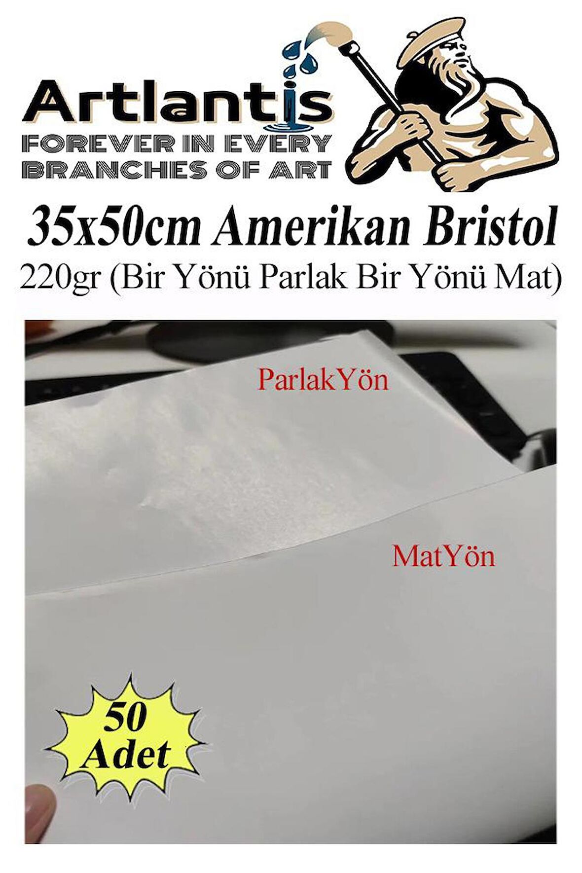 Amerikan Bristol Karton 35x50 cm 50 Adet 220 gr Bir Tarafı Parlak Bir Tarafı Mat Kağıt Biristol Karton