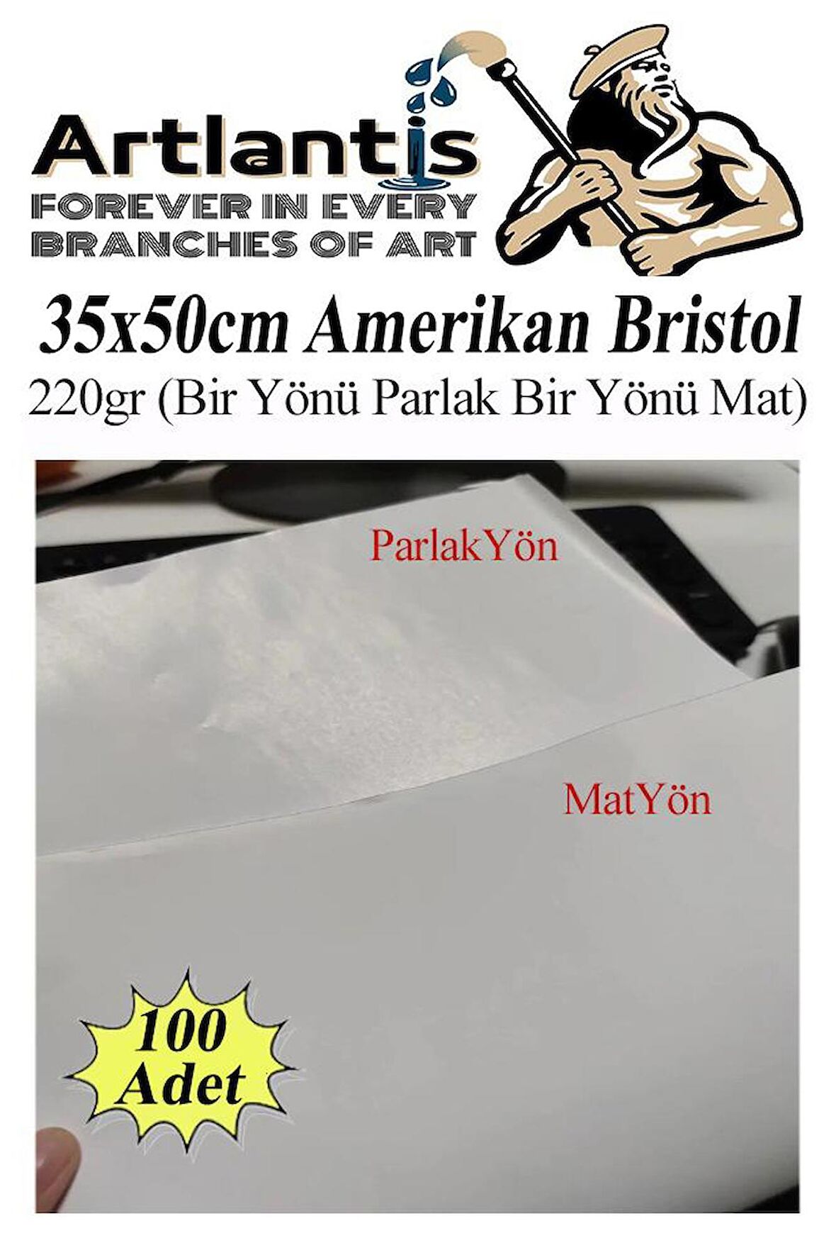 Amerikan Bristol Karton 35x50 cm 100 Adet 220 gr Bir Tarafı Parlak Bir Tarafı Mat Kağıt Biristol Karton