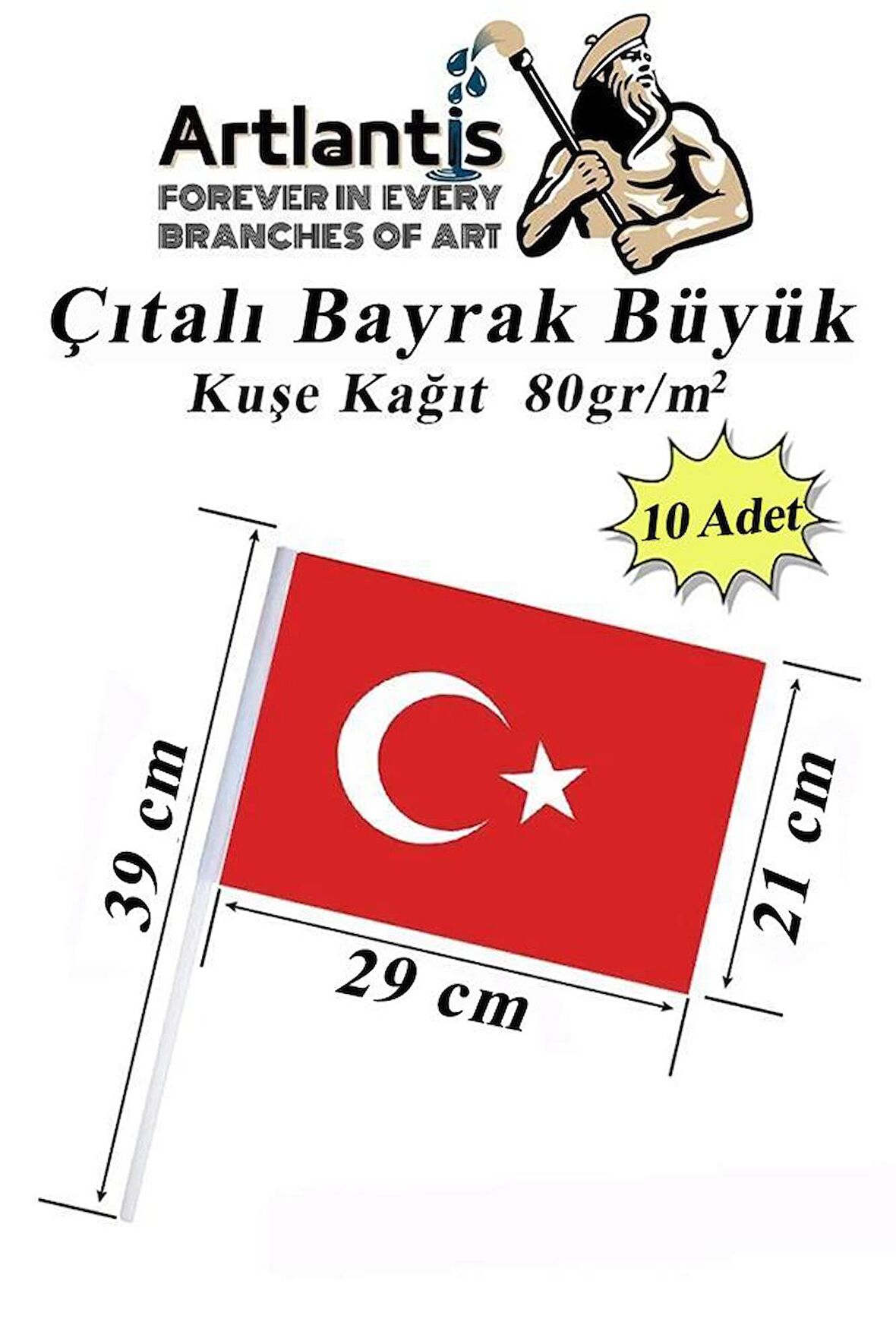 Çıtalı Bayrak Kağıt 21x29 cm 10 Adet Ay Yıldızlı Türk Bayrağı Çıtalı Sopalı Büyük Bayrak Plastik Çubuklu Bayrak