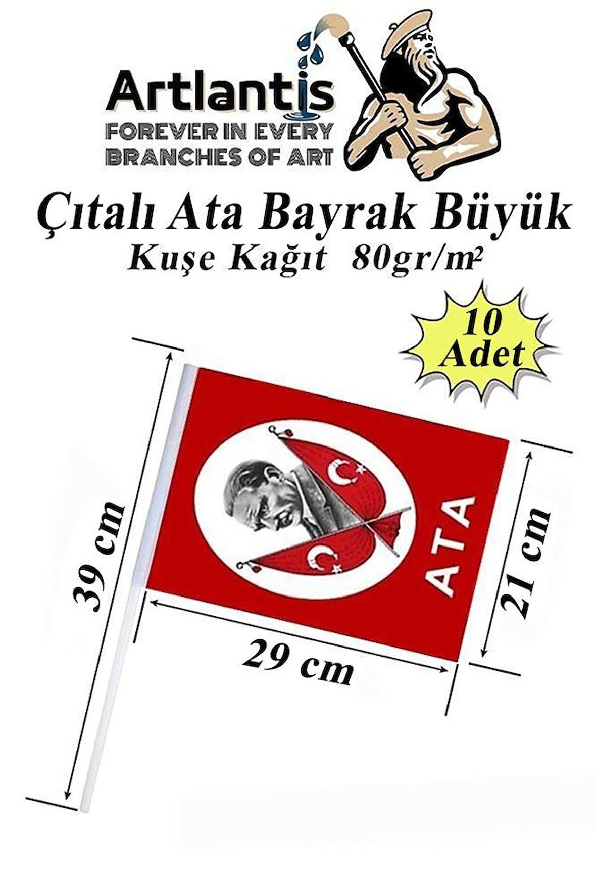 Çıtalı Ata Bayrak Kağıt 21x29 cm 10 Adet Atalı Bayrak Çıtalı Sopalı Büyük Bayrak Plastik Çubuklu Bayrak