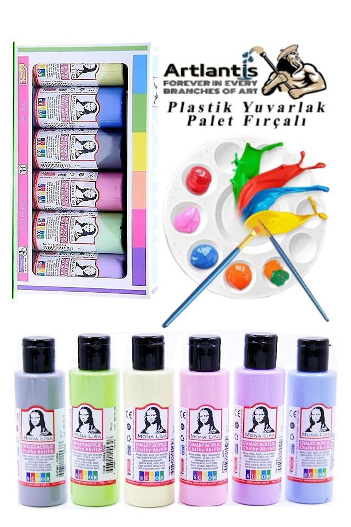 Monalisa Akrilik Boya 6 Renk x 70 ml Pastel Renkler 1 Paket ve Yuvarlak Resim Paleti Fırçalı 1 Paket 10 Hazneli Boya Paleti Sanatsal Boyalar İçin Palet Akrilik Boya