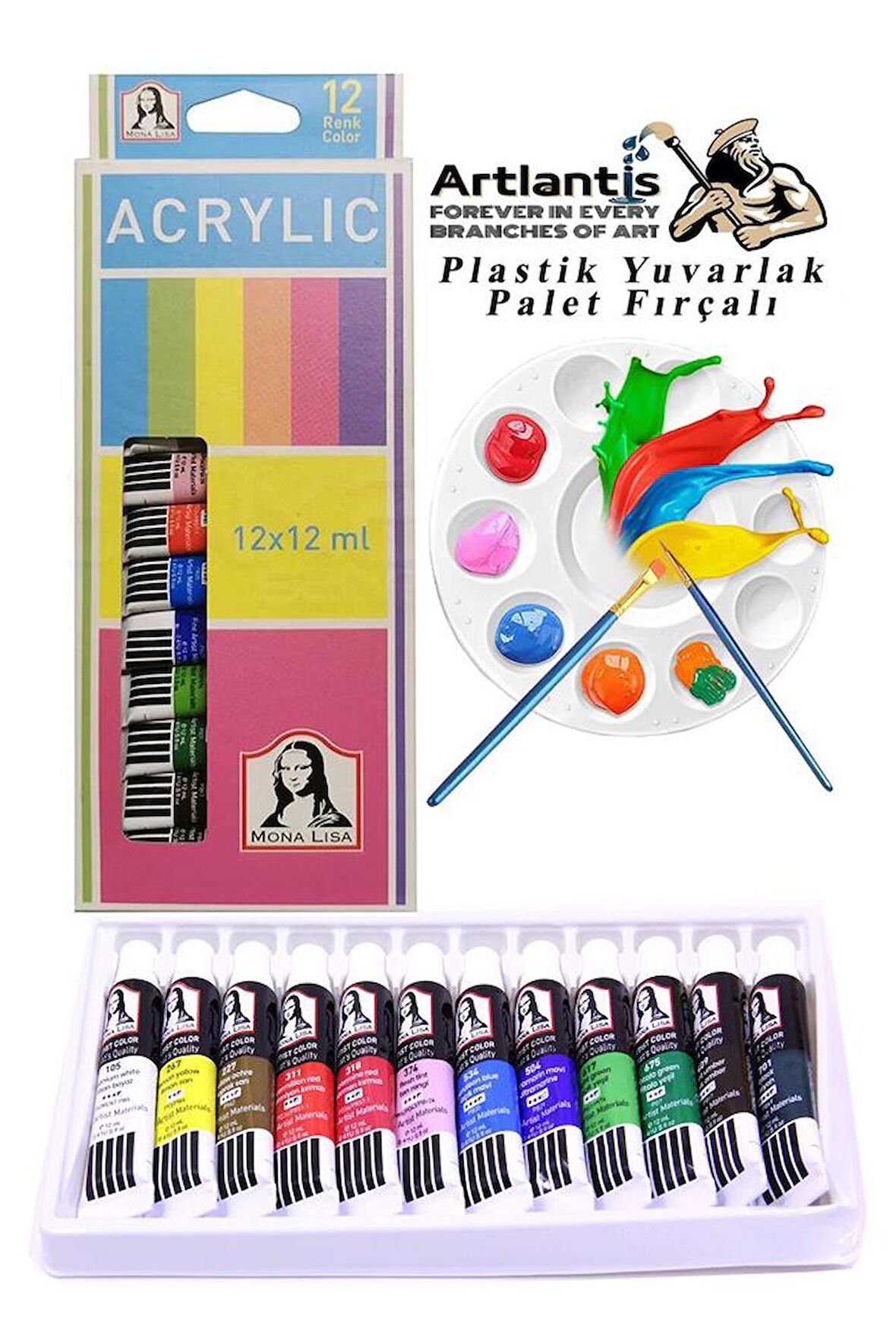 Akrilik Boya Monalisa 12 Renk 12 Ml Tüp 1 Paket 12 Li Akrilik Boya Seti ve Yuvarlak Resim Paleti Fırçalı 1 Paket 10 Hazneli Boya Paleti Sanatsal Boyalar İçin Palet Akrilik Boya