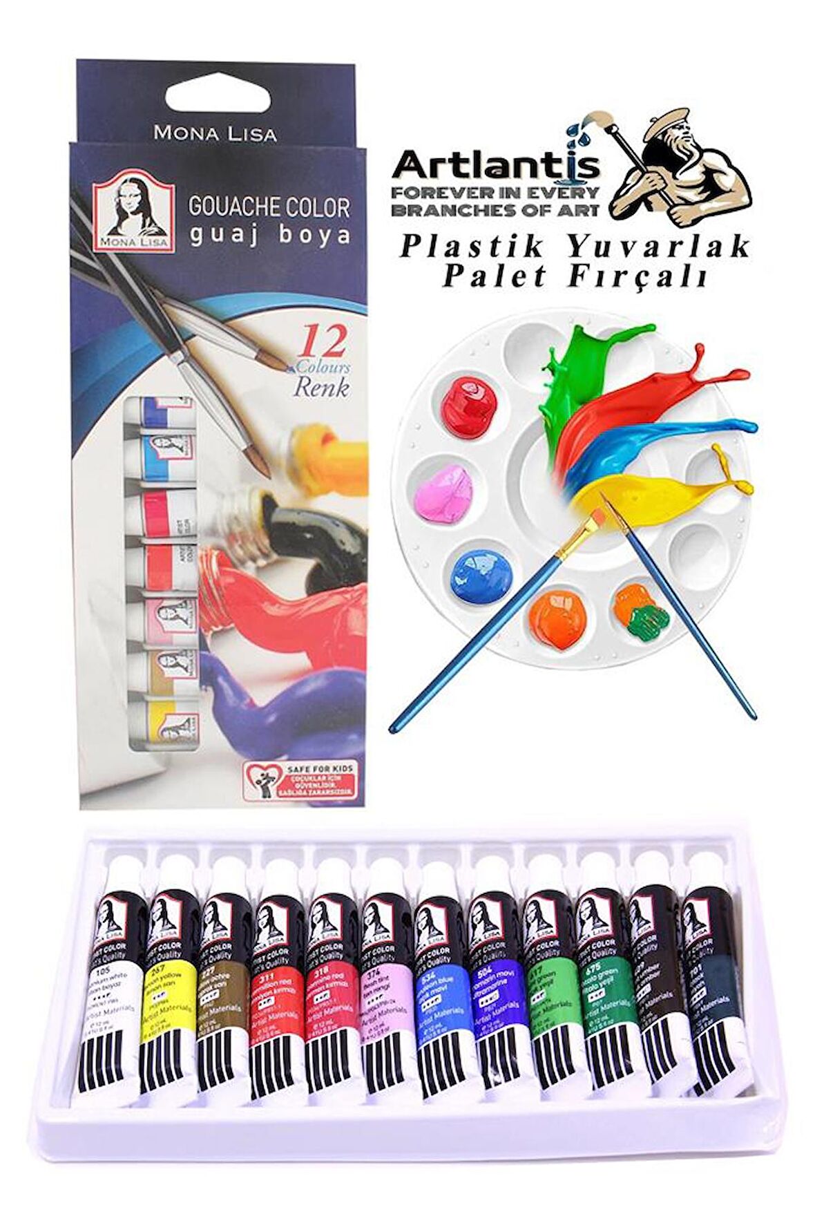 Guaj Boya 12 Renk Monalisa 12 Ml Tüp 1 Paket 12 Li Guaj Boya Seti ve Yuvarlak Resim Paleti Fırçalı 1 Paket 10 Hazneli Boya Paleti Sanatsal Boyalar İçin Palet Guaj Boya