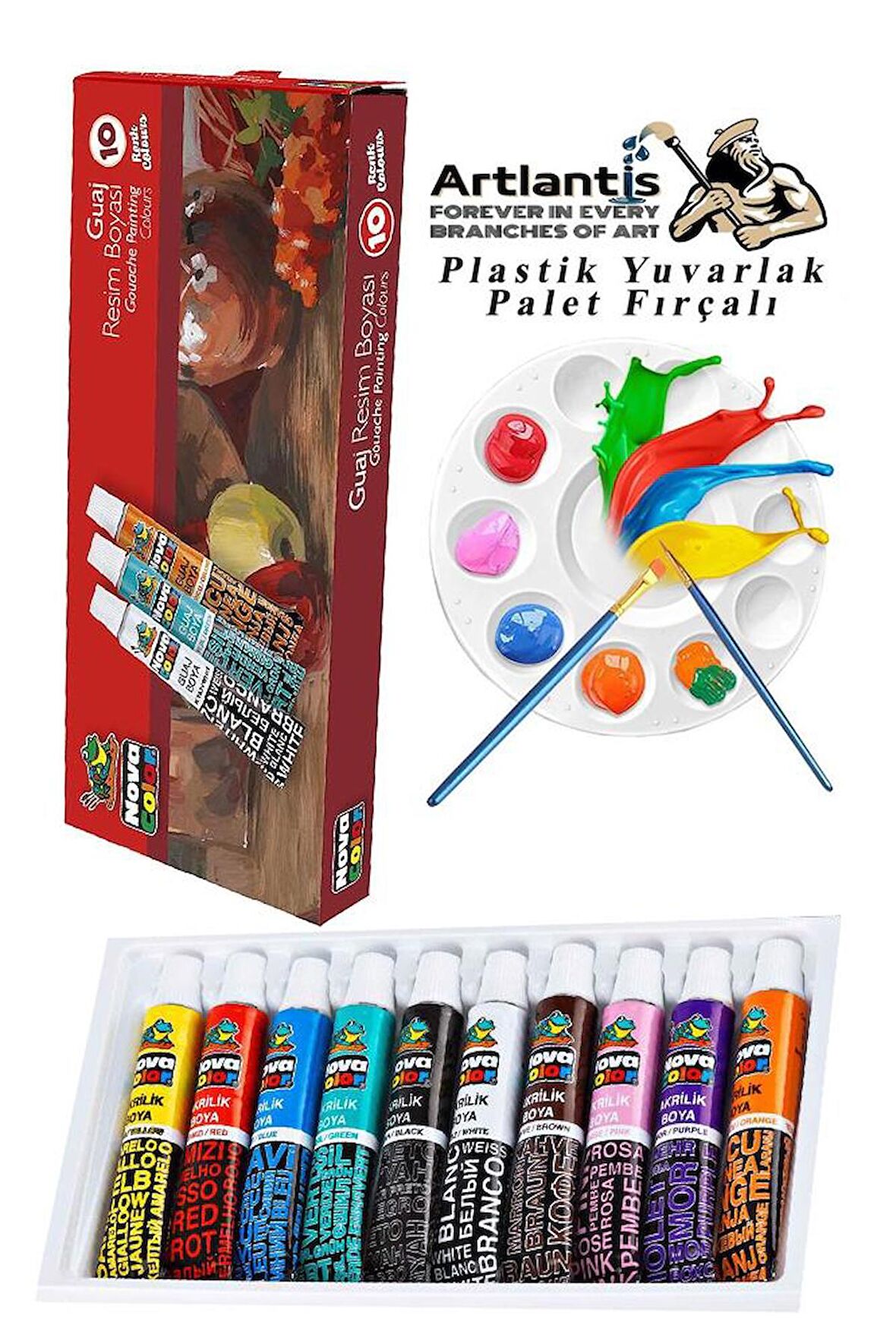 Guaj Boya 10 Renk Nova Color 9 Ml Tüp 1 Paket 10 Lu Guaj Boya Seti ve Yuvarlak Resim Paleti Fırçalı 1 Paket 10 Hazneli Boya Paleti Sanatsal Boyalar İçin Palet Guaj Boya