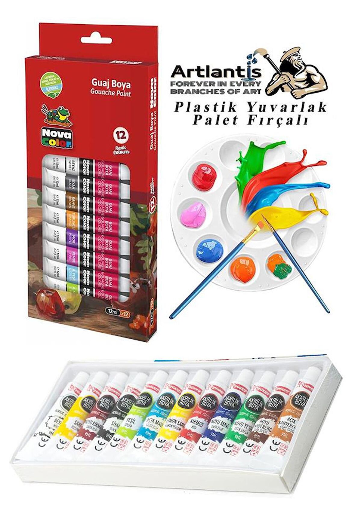 Guaj Boya 12 Renk Nova Color 12 Ml Tüp 1 Paket 12 Li Guaj Boya Seti ve Yuvarlak Resim Paleti Fırçalı 1 Paket 10 Hazneli Boya Paleti Sanatsal Boyalar İçin Palet Guaj Boya