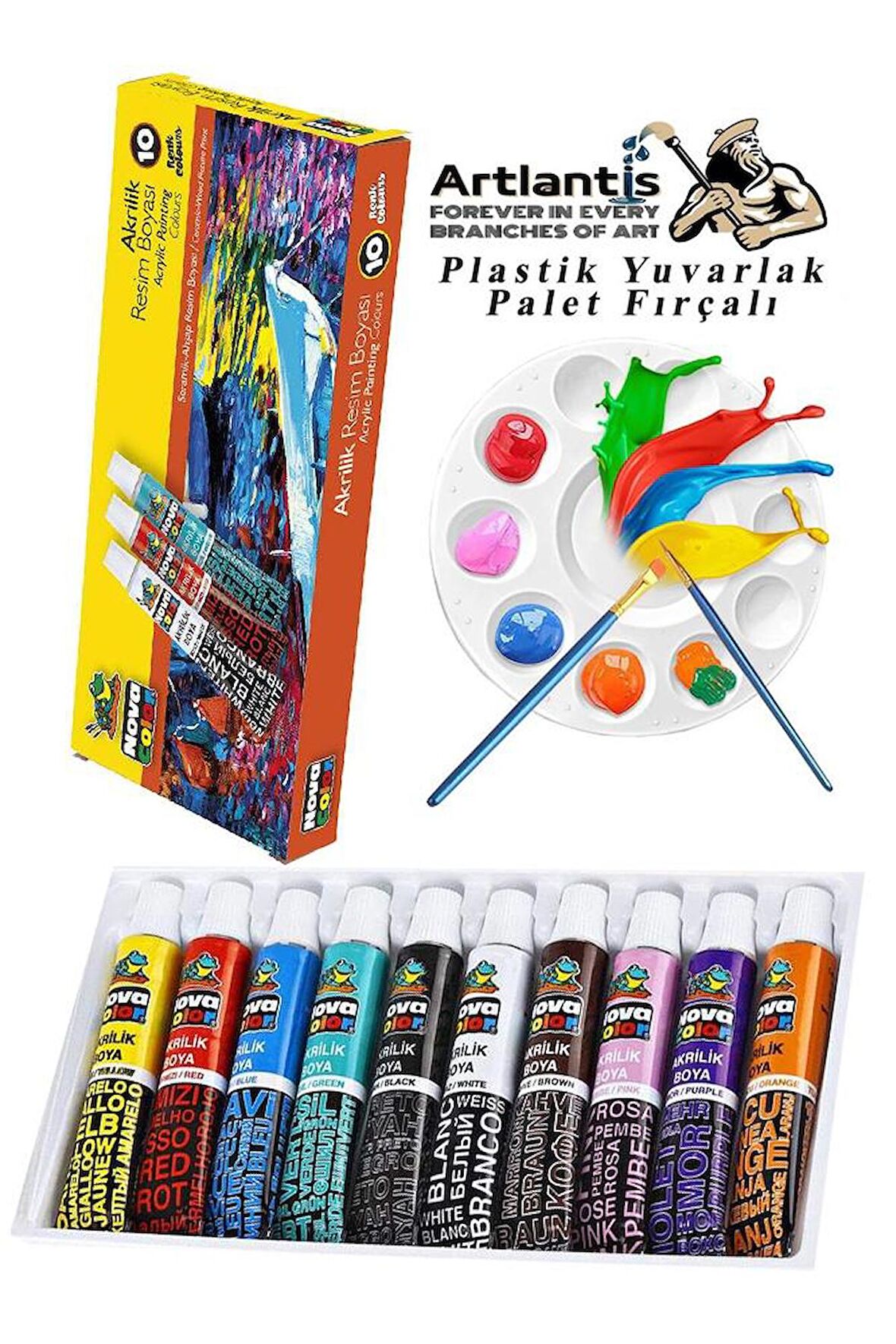 Akrilik Boya Novacolor 10 Renk 9 ml Tüp 1 Paket 10 Lu Akrilik Boya Seti ve Yuvarlak Resim Paleti Fırçalı 1 Paket 10 Hazneli Boya Paleti Sanatsal Boyalar İçin Palet Akrilik Boya