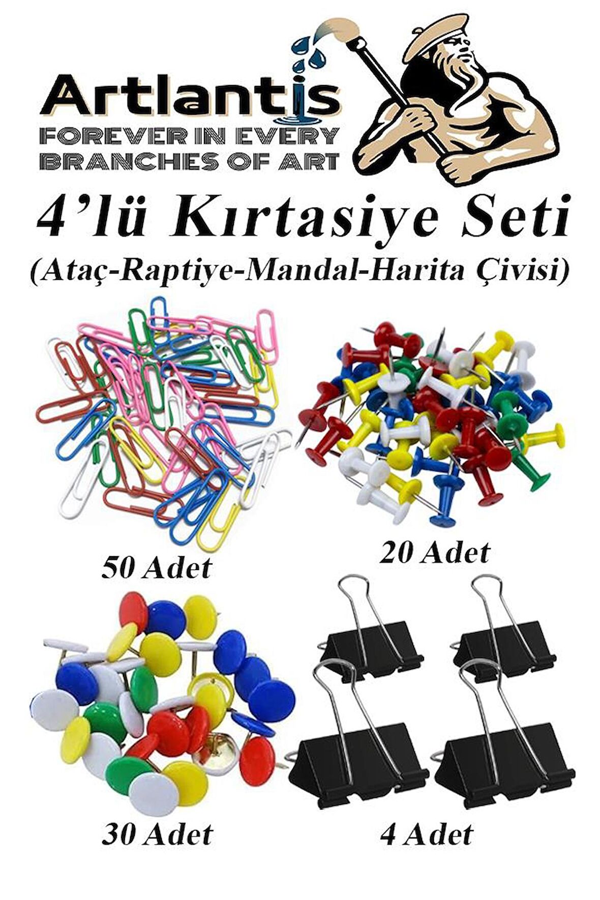 4 lü Kırtasiye Seti Mandal Raptiye Ataç Harita Çivisi 1 Paket Metal Kıskaç Klips Okul Ofis Büro Seti