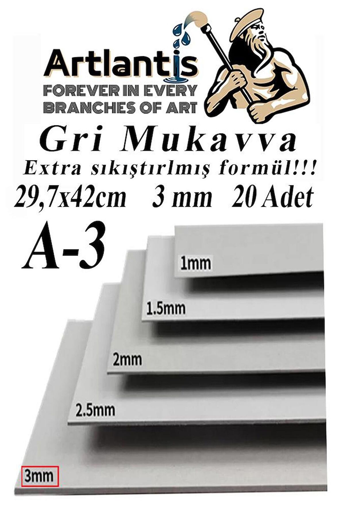 A3 Mukavva Gri 3 mm 20 Adet 1 Paket 29.7x42 cm A-3 Mukavva 3 mm Kalınlığında A-3 Mukavva