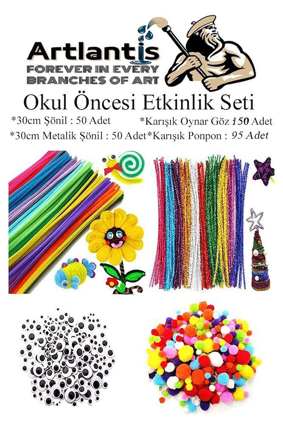 Okul Öncesi Etkinlik Seti 1 Paket Ponpon Şönil Oynar Göz Anaokulu ve Kreş Seti Pon Pon Tüylü Tel Oynargöz