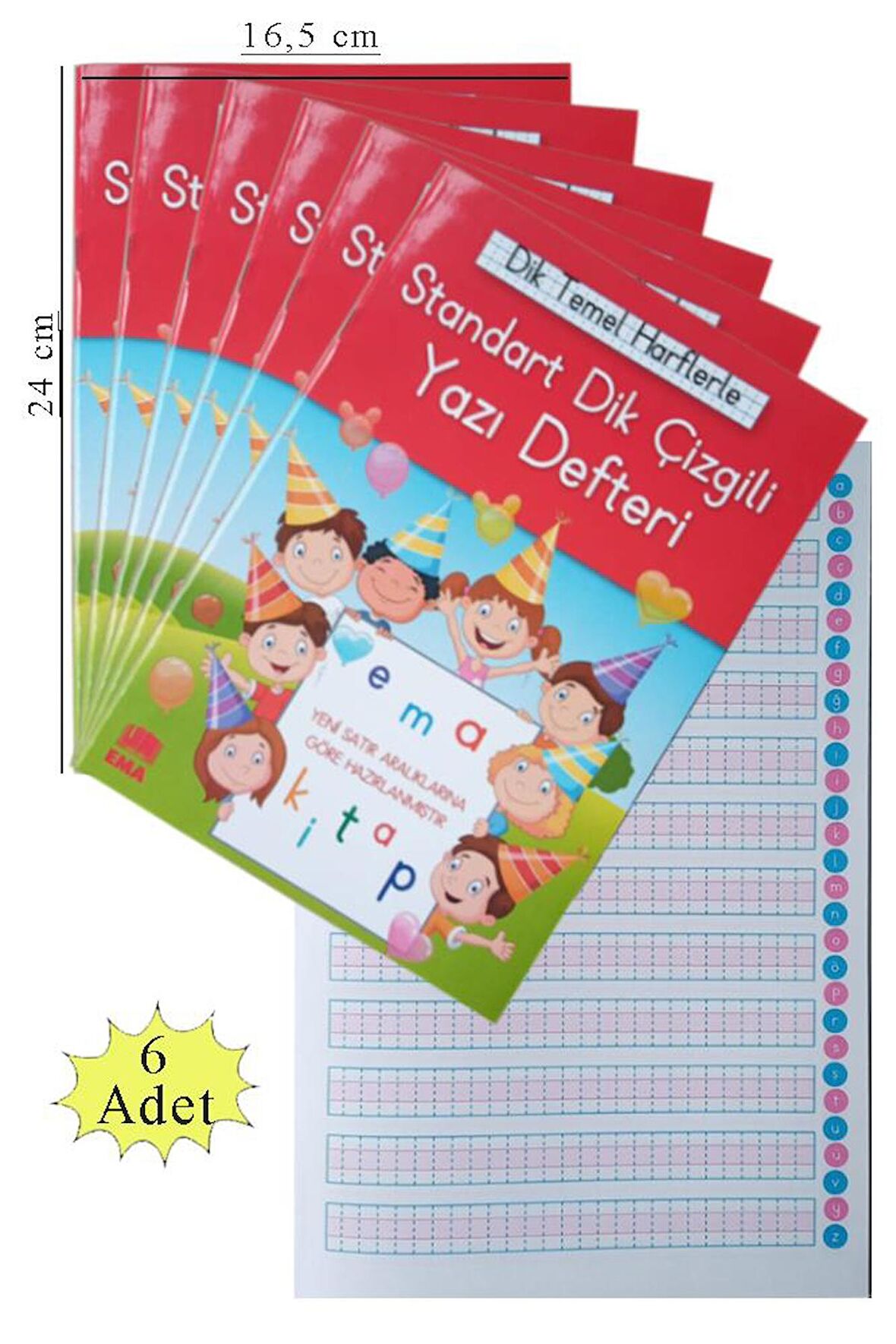 Güzel Yazı Defteri Orta Boy Dik Çizgili 16,5x24 cm 24 Yaprak 6 Adet Standart Dik Çizgili Yazı Defteri Dik Temel Harflerle 1. Sınıf