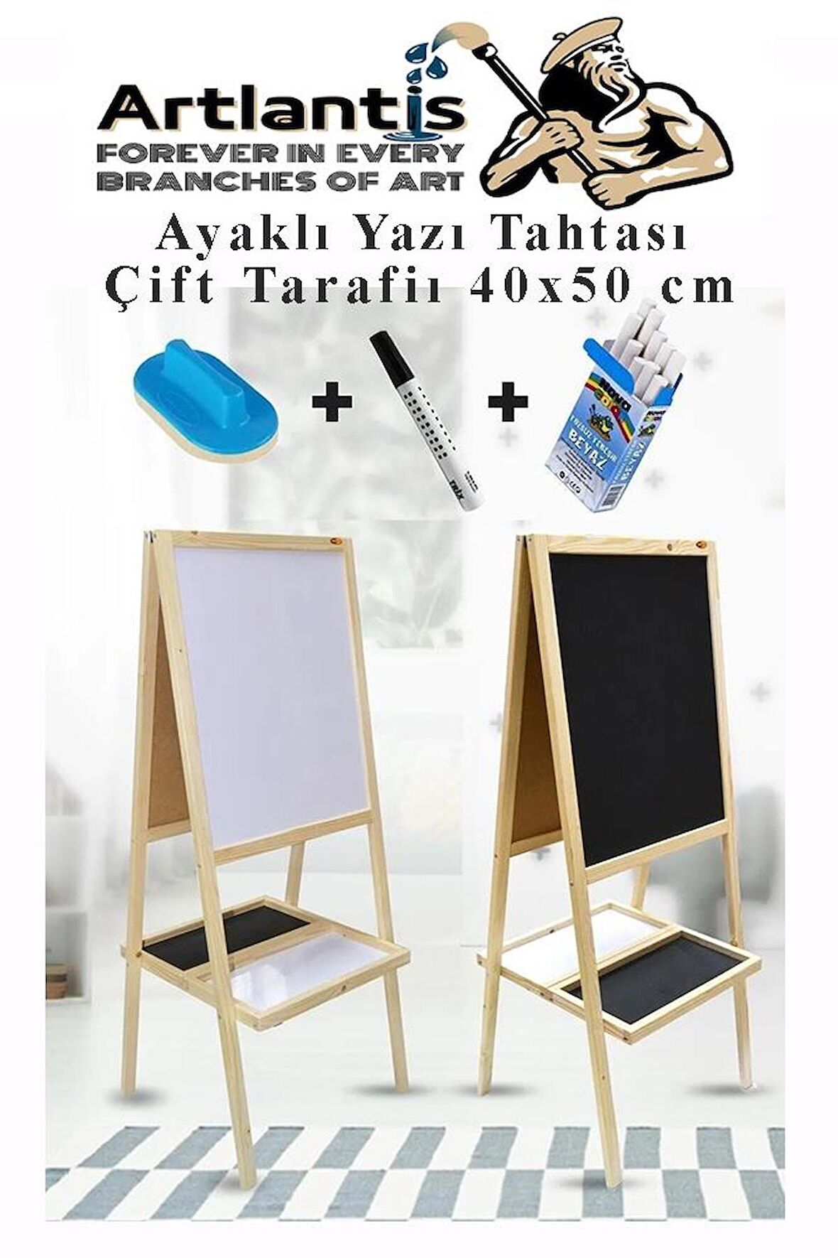 Ayaklı Yazı Tahtası Çift Taraflı 40x50cm 1 Adet Çocuk Yazı Tahtası Alıştırma Tahtası