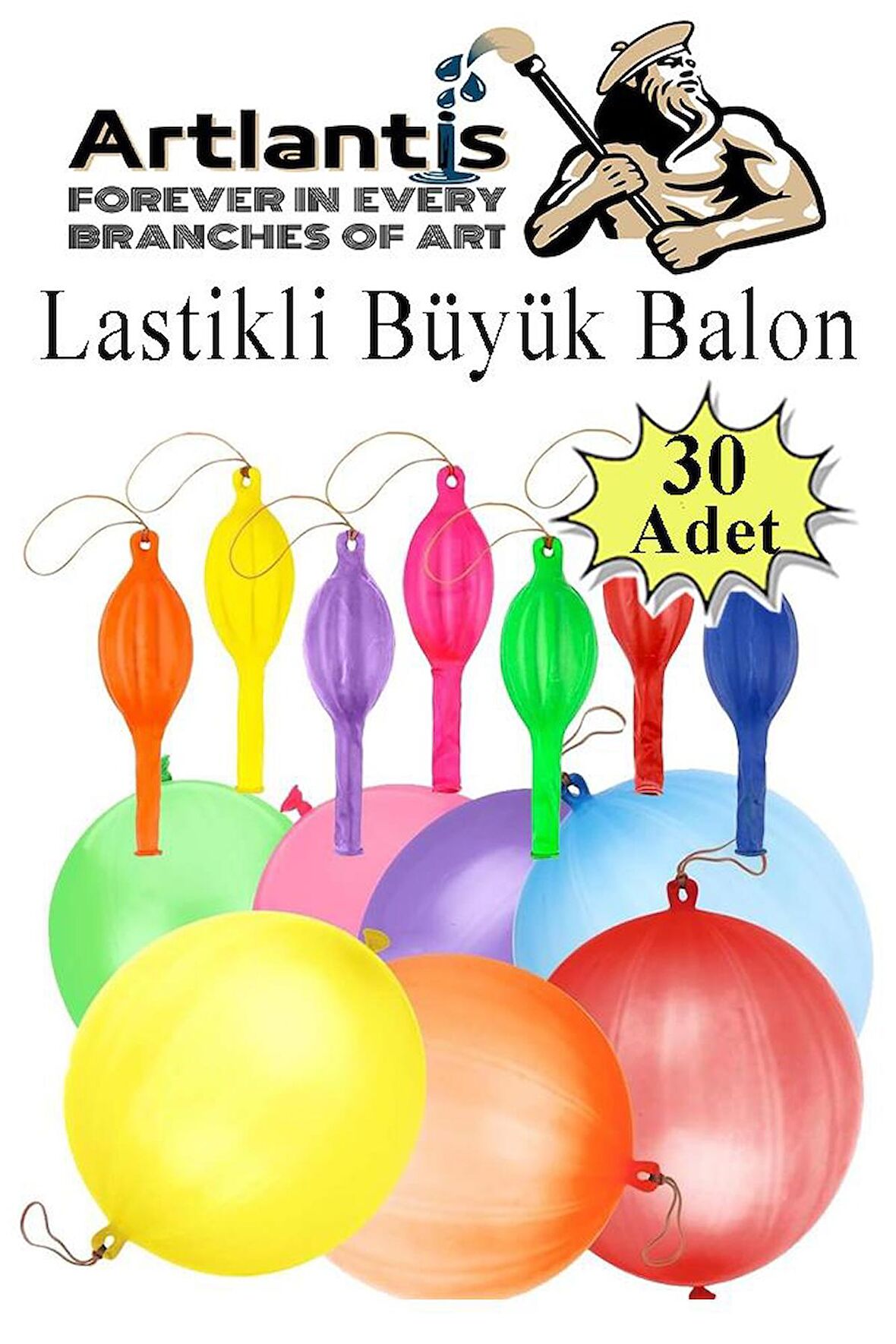 Lastikli Balon Zıpzıp 30 Adet İpli Balon Lateks Büyük Balon Punch Panç Renkli Balon