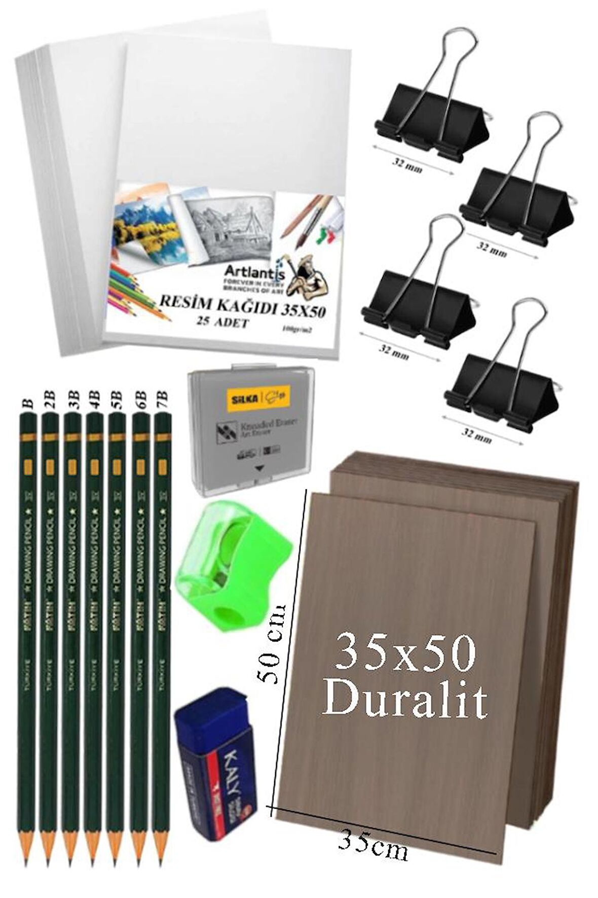 Karakalem Eskiz Çizim Seti Durolit Seti 35x50 cm 1 Paket Resim Kağıdı Dereceli Kalem Seti Hamur Silgi Sınav Silgisi