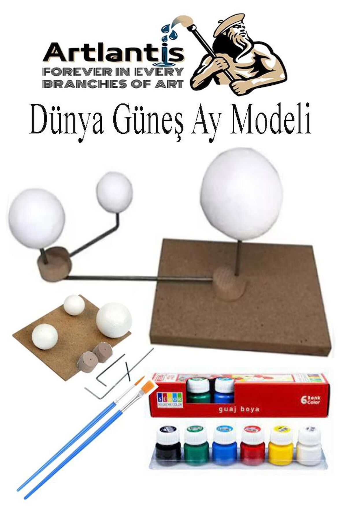 Güneş Dünya Ay Modeli 1 Paket 6 Renk Guaj Boya Fırça Gezegen Maketi Deney Seti Güneş Sistemi Modeli Okul Ders Deney Seti Kendin Yap