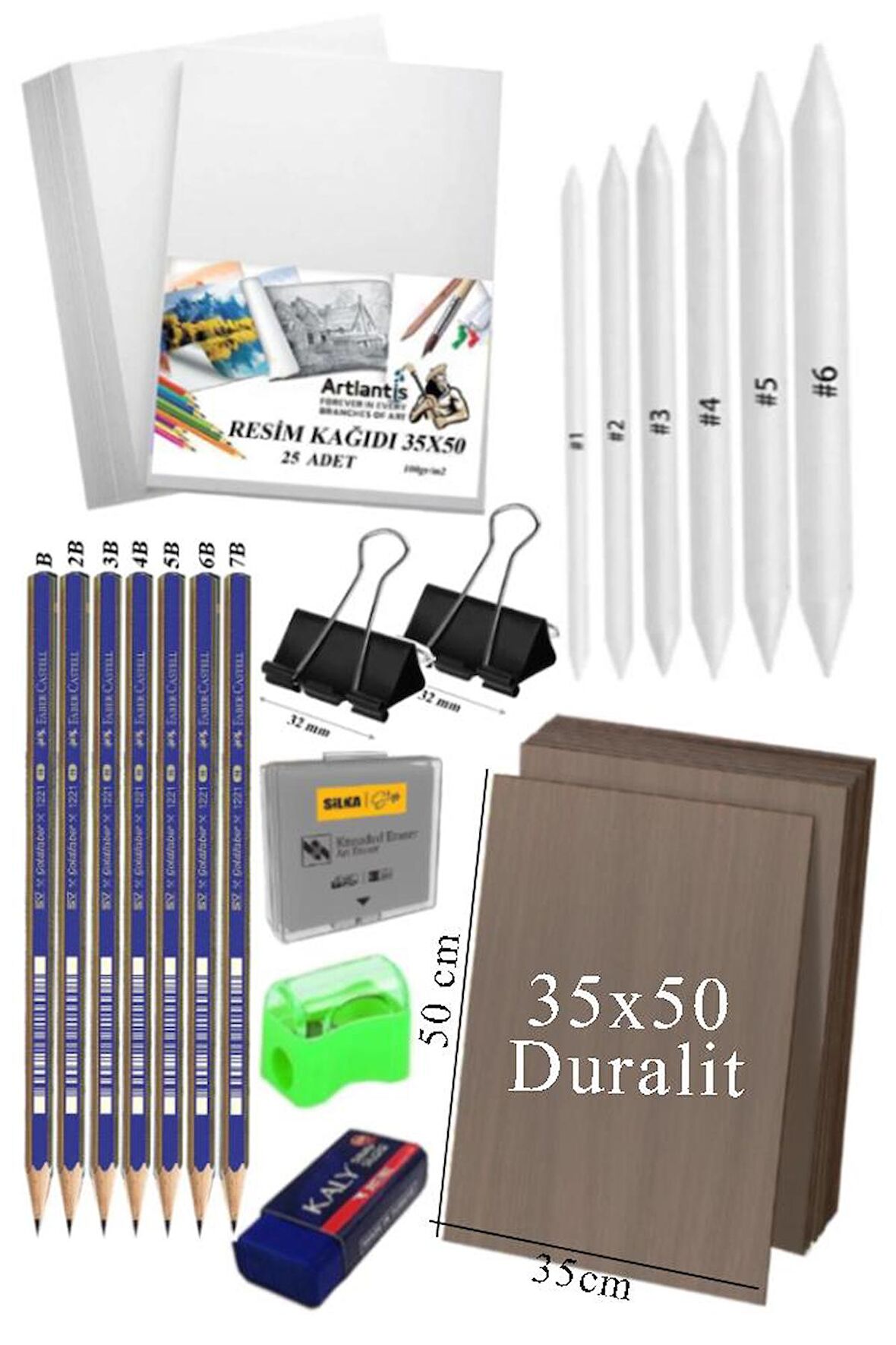 Karakalem Eskiz Çizim Seti Durolit Seti 35x50 cm 1 Paket Pastel Dağıtıcı Kalem Resim Kağıdı Faber Dereceli Kalem Seti Hamur Silgi Sınav Silgisi