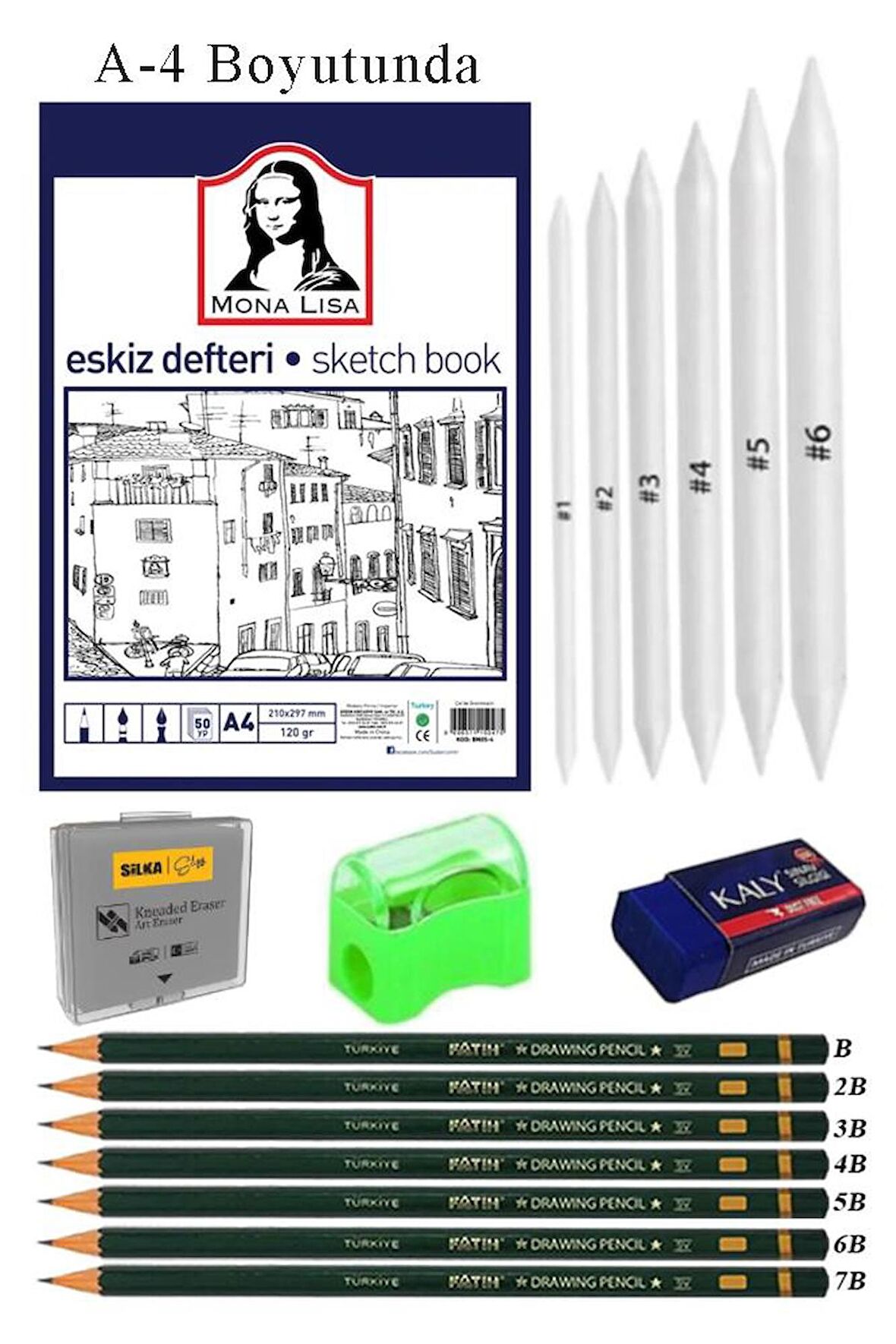 Eskiz Defteri A4 50 Yaprak Karakalem Çizim Seti Gölgelendirme Kalemi Hamur Silgi Fatih Dereceli Kalem Hobi Tasarım Seti