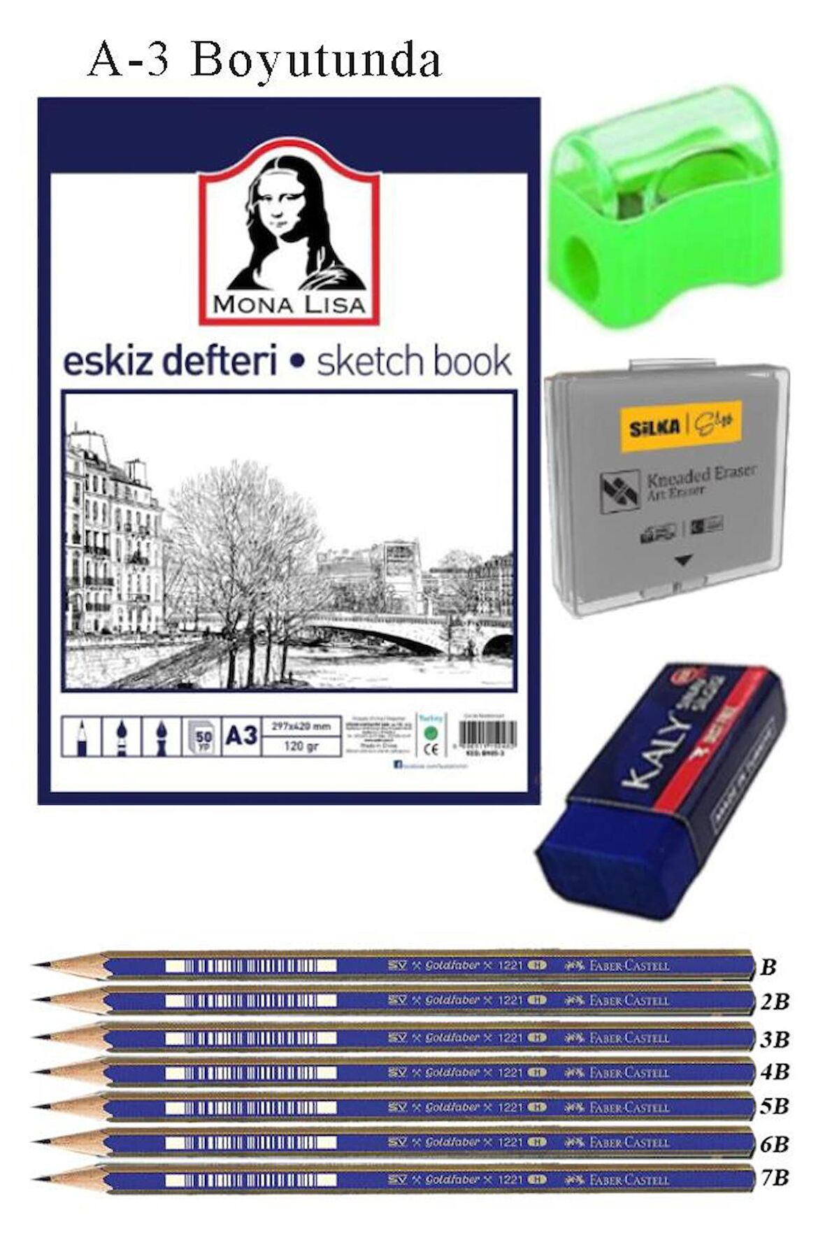 Eskiz Defteri A3 50 Yaprak Karakalem Çizim Seti Hamur Silgi Faber Castell Dereceli Kalem Hobi Tasarım Seti