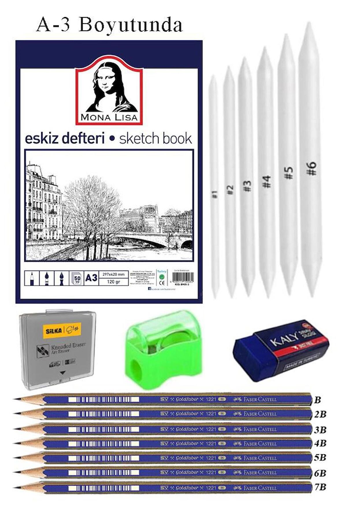 Eskiz Defteri A3 50 Yaprak Karakalem Çizim Seti Gölgelendirme Kalemi Hamur Silgi Faber Castell Dereceli Kalem Hobi Tasarım Seti