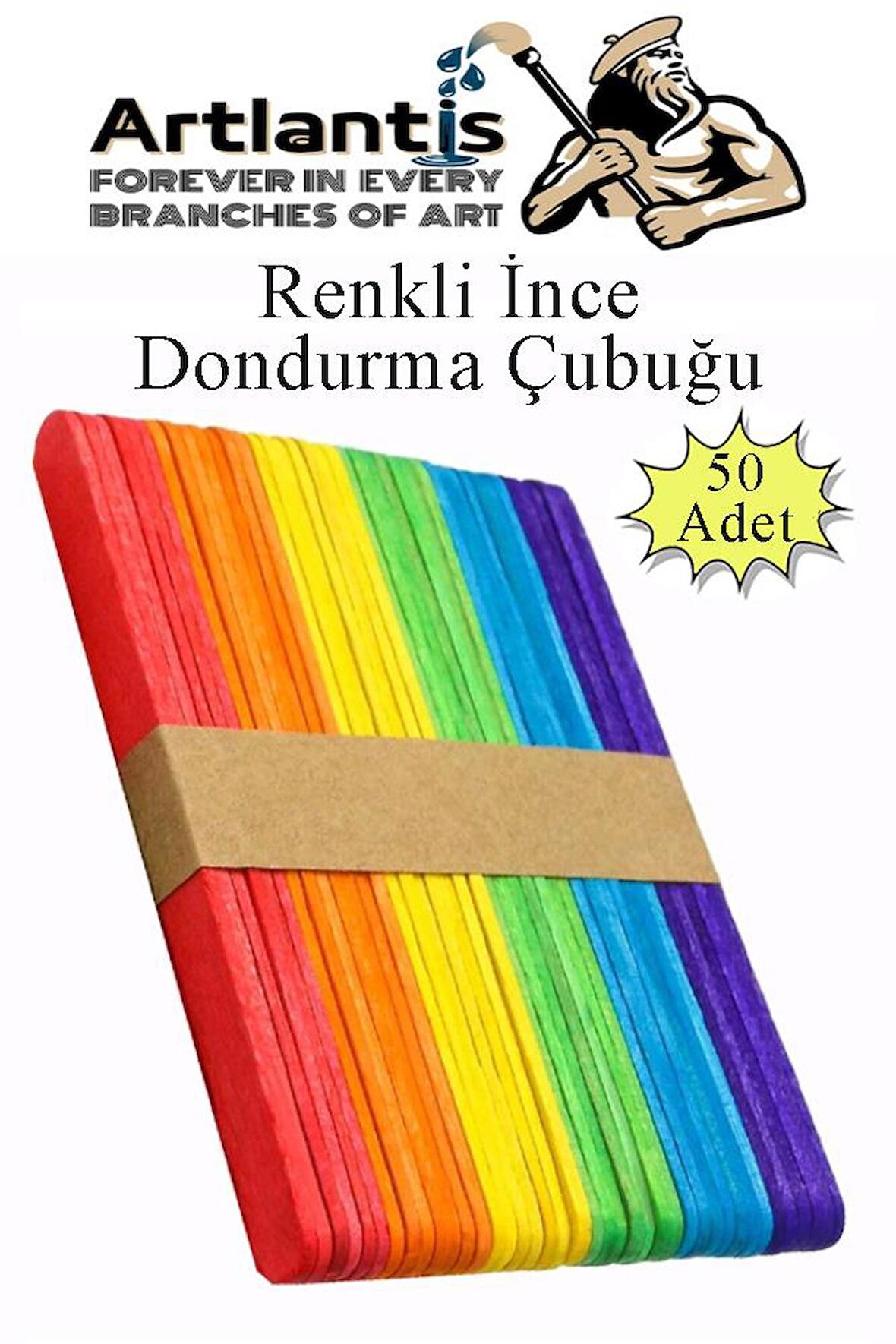 Renkli Dar Dil Çubuğu 50 Adet Ahşap Dondurma Çubuğu Renkli Maket Hobi Okul Proje Tasarım