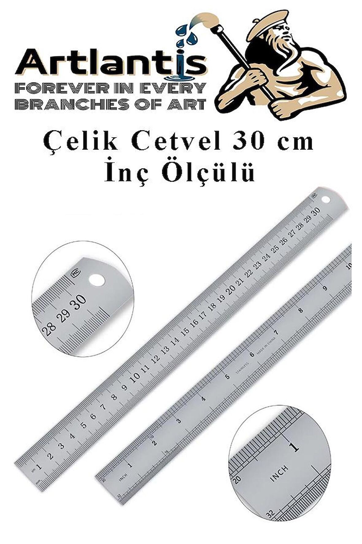 Çelik Cetvel 30 cm İnç Ölçülü 1 Adet Paslanmaz Çelik Metal Çetvel 30 Santimetre