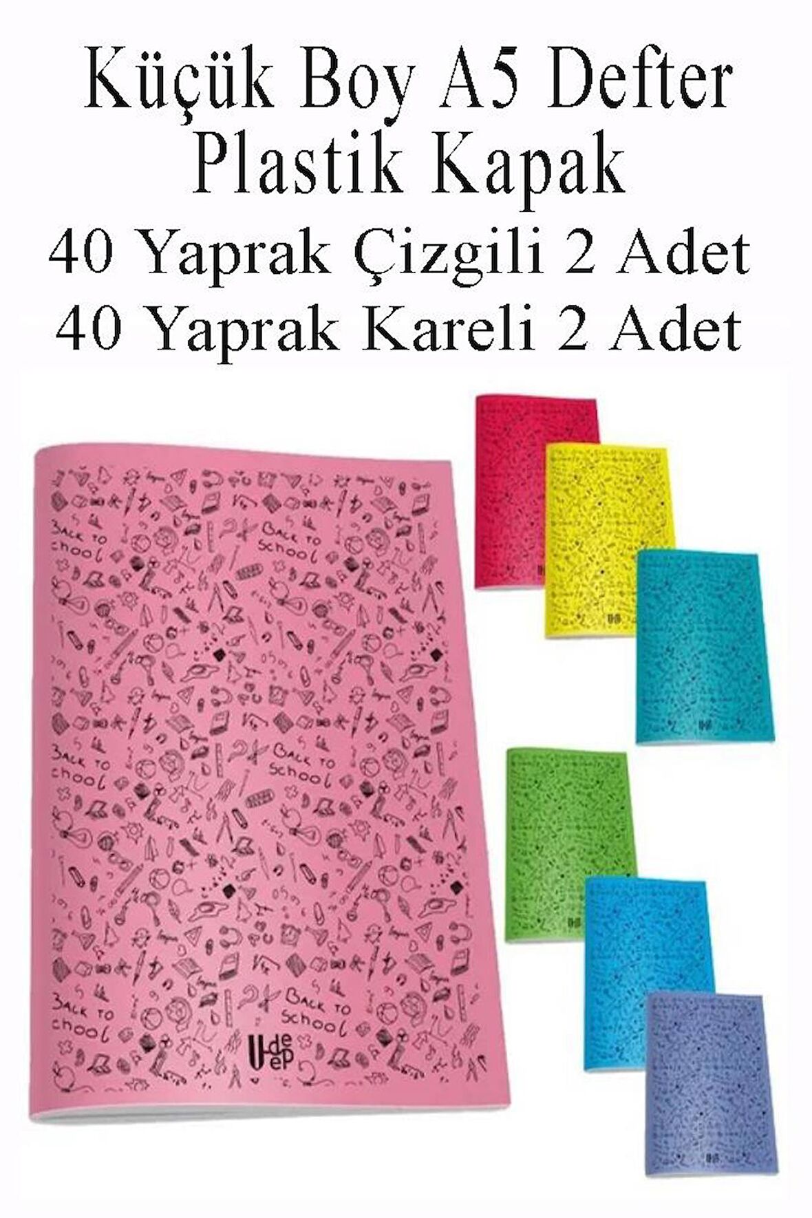 Defter Plastik Kapak A5 40 Yaprak Çizgili 2 Adet ve 40 Yaprak Kareli 2 Adet Küçük Boy Defter