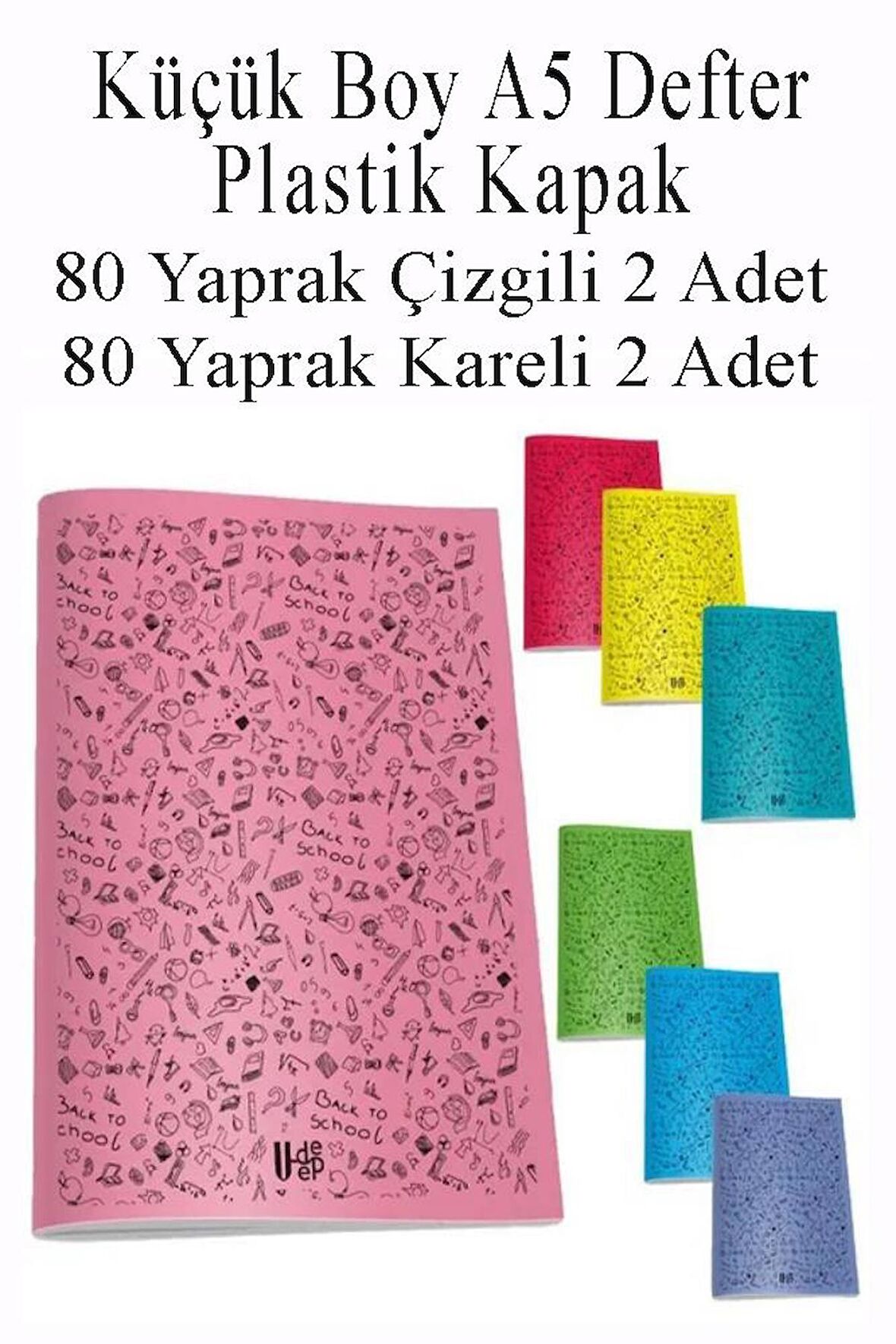 Defter Plastik Kapak A5 80 Yaprak Çizgili 2 Adet ve 80 Yaprak Kareli 2 Adet Küçük Boy Defter
