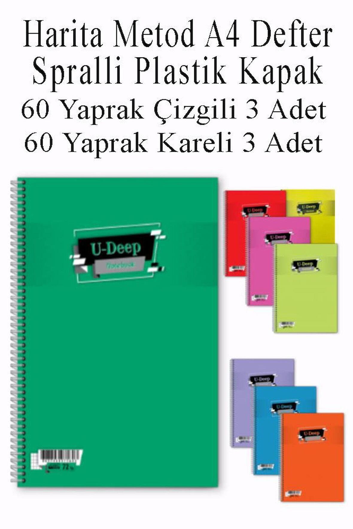 A4 Okul Defteri Spiralli Plastik Kapak 60 Yaprak Çizgili 3 Adet ve 60 Yaprak Kareli 3 Adet Spralli Harita Metod