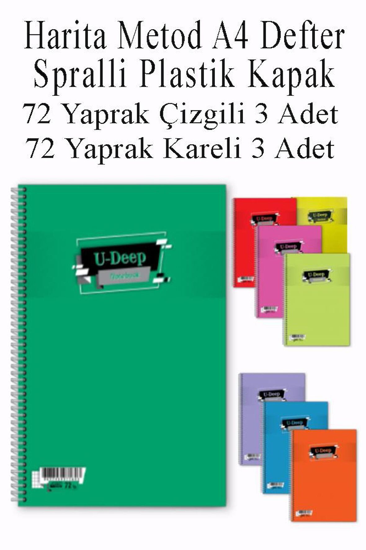 A4 Okul Defteri Spiralli Plastik Kapak 72 Yaprak Çizgili 3 Adet ve 72 Yaprak Kareli 3 Adet Spralli Harita Metod