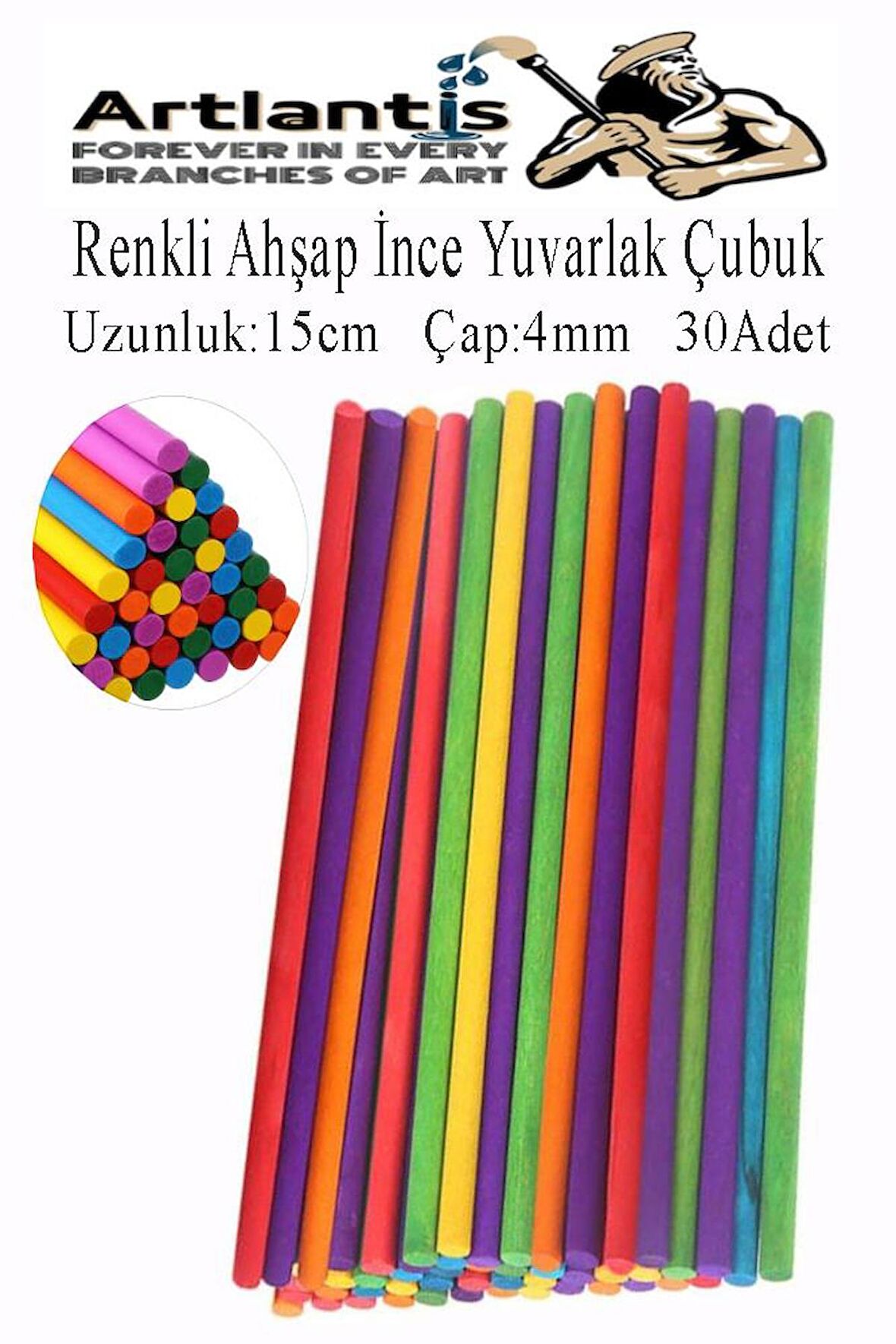 Renkli İnce Ahşap Yuvarlak Çubuk 15 cm 30 lu 1 Paket Okul Öncesi Sınıf Tasarım Etkinlik Hobi