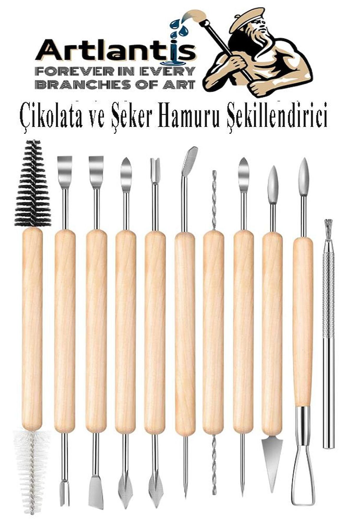 Çikolata ve Şeker Hamuru Fonda Şekillendirici Ahşap Saplı 11 Parça 1 Paket Modelleme Oymacılık Delici Fırçalama