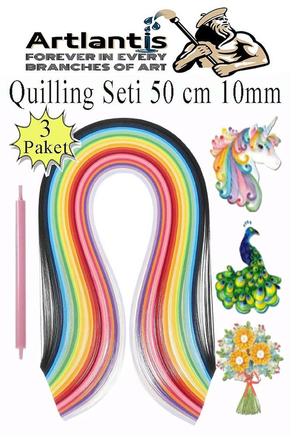 Quilling Seti 10 mm Kalın 3 Paket Quling Kağıt Katlama Kıvırma Sanatı Telkari Kuiling Karışık Renkli