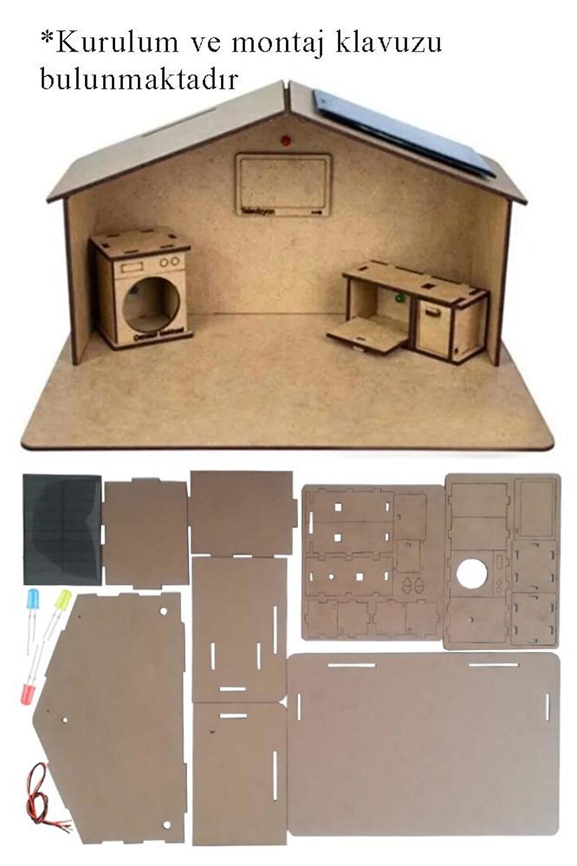 Güneş Enerjili Ev Yapım Seti 1 Paket Güneş Paneli Mantar Led Lamba Mdf Ev Maketi Deney Proje