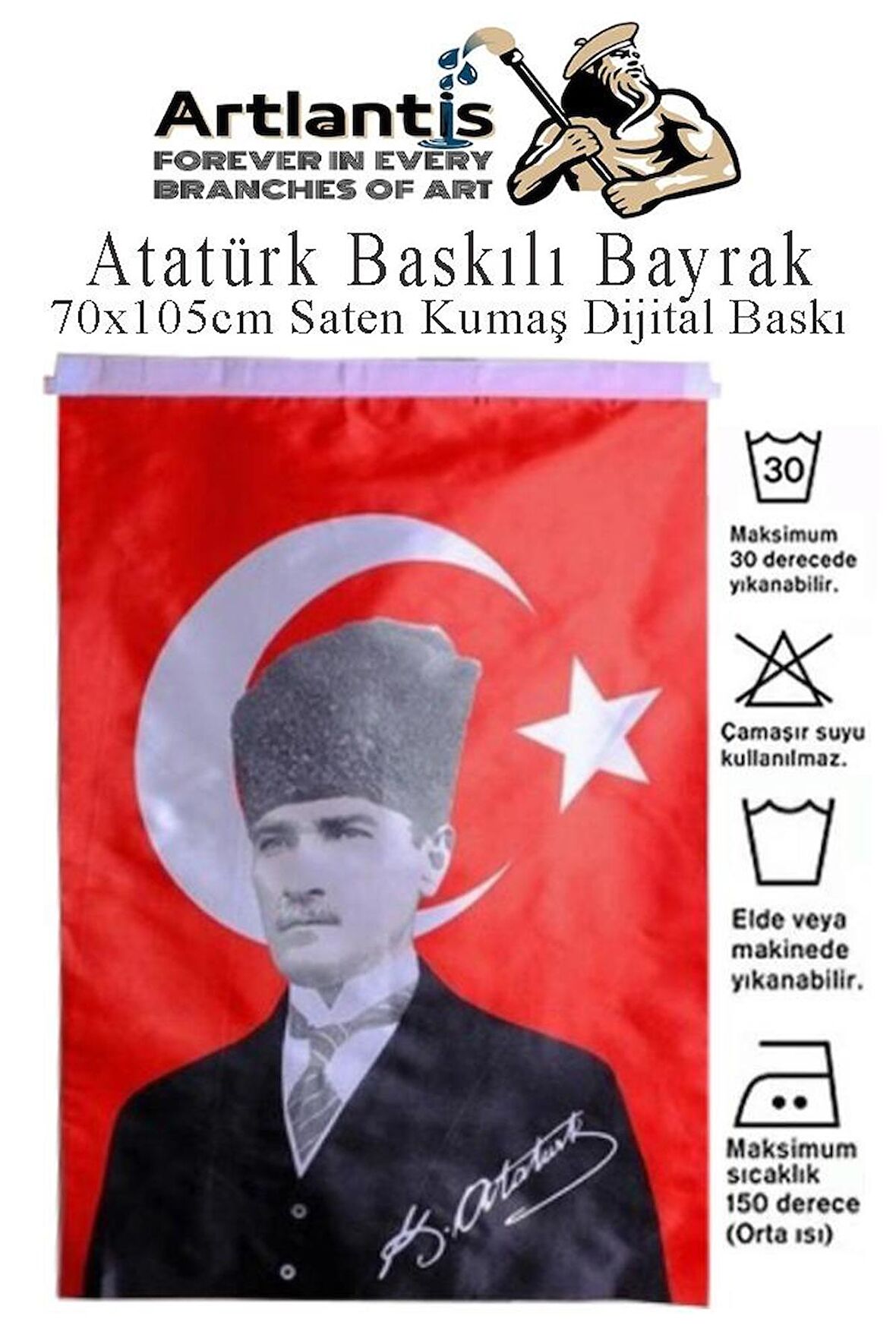 Atatürk Baskılı Türk Bayrağı 70x105 cm 1 Adet Bayraklı Atatürk Posteri Dijital Baskı Raşel Kumaş İç ve Dış Ortama Uygundur