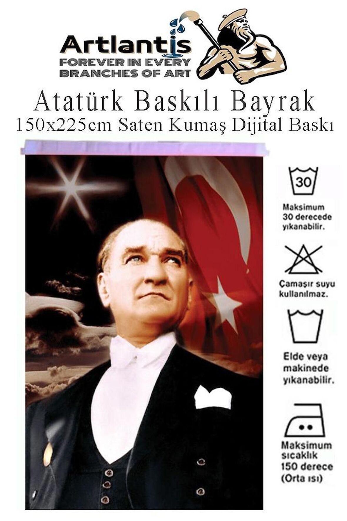 Atatürk Baskılı Türk Bayrağı 150x225 cm 1 Paket Bayraklı Atatürk Posteri Dijital Baskı Raşel Kumaş İç ve Dış Ortama Uygundur