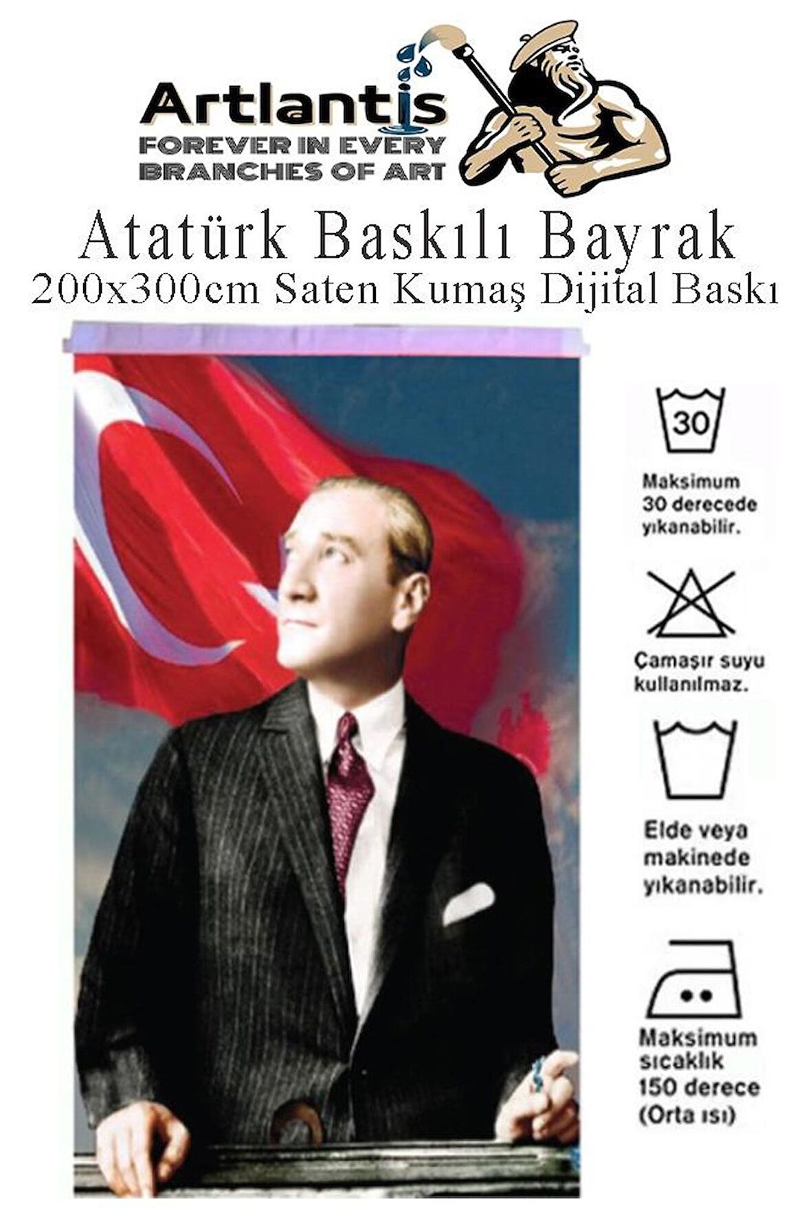 Atatürk Baskılı Türk Bayrağı 200x300 cm 1 Paket Dijital Baskı Bayraklı Atatürk Posteri Raşel Kumaş İç ve Dış Ortama Uygundur