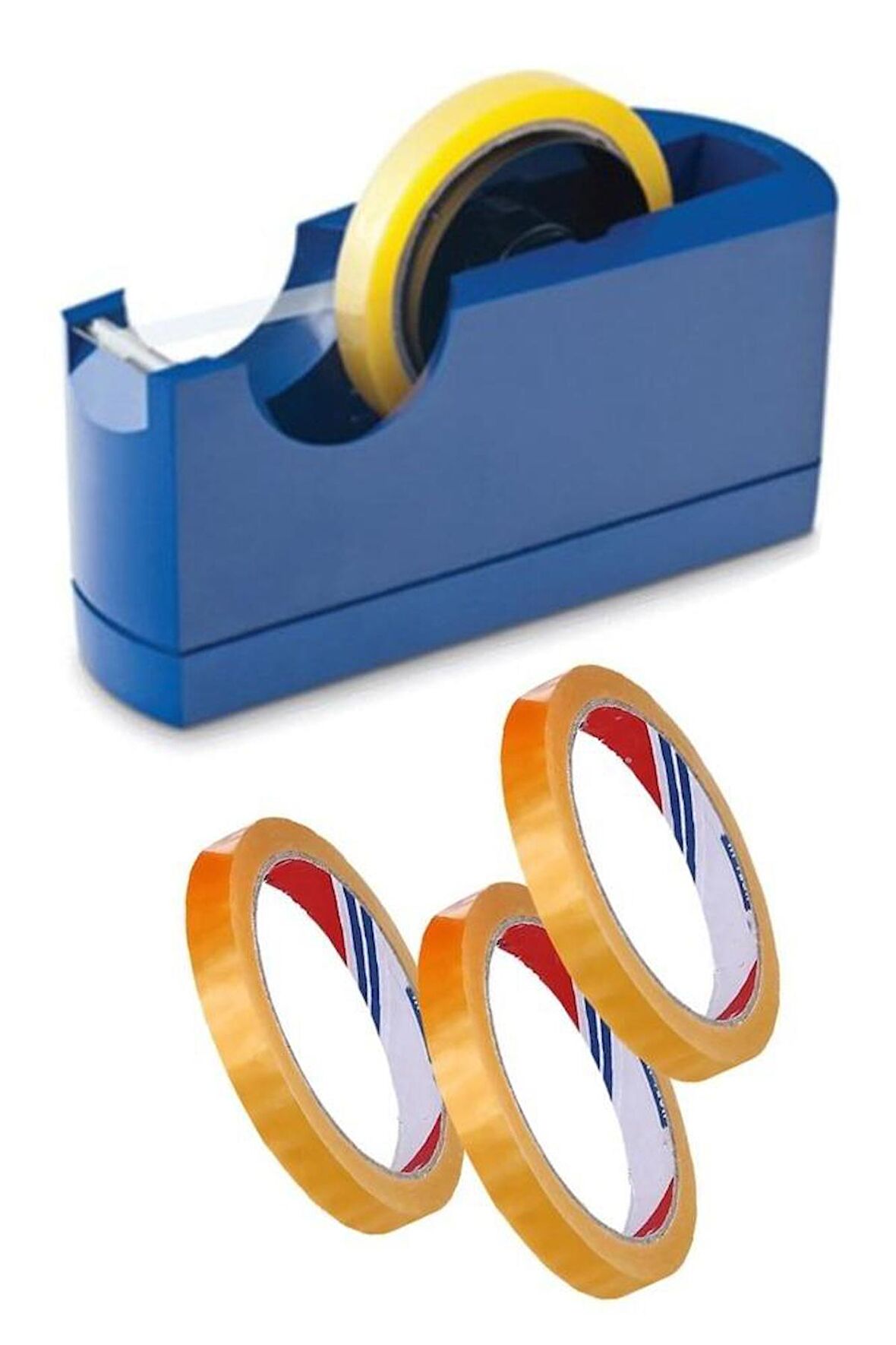 Büyük Bant Kesme Makinesi Mavi ve 3 Adet 12x66 Metre Bant Masa Üstü Bant Makinesi Bant Kesici