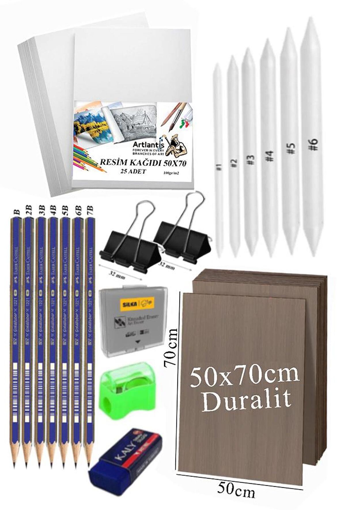 Karakalem Eskiz Çizim Seti Durolit Seti 50x70 cm 1 Paket Pastel Dağıtıcı Kalem Resim Kağıdı Faber Dereceli Kalem Seti Hamur Silgi Sınav Silgisi